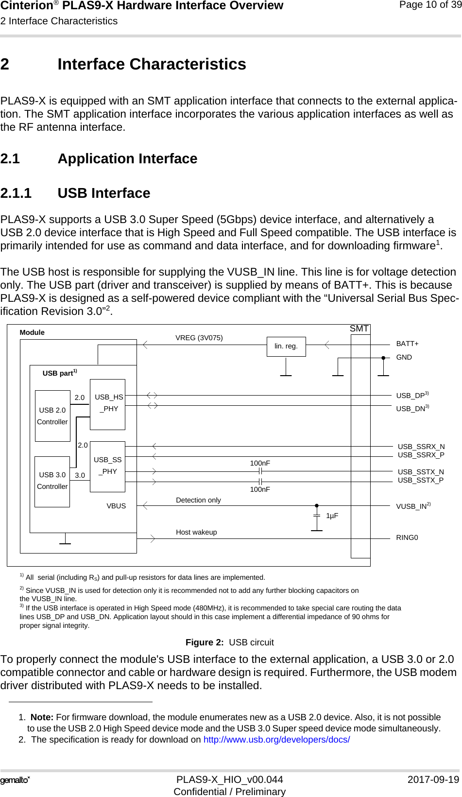 Cinterion® PLAS9-X Hardware Interface Overview2 Interface Characteristics22PLAS9-X_HIO_v00.044 2017-09-19Confidential / PreliminaryPage 10 of 392 Interface CharacteristicsPLAS9-X is equipped with an SMT application interface that connects to the external applica-tion. The SMT application interface incorporates the various application interfaces as well as the RF antenna interface. 2.1 Application Interface2.1.1 USB InterfacePLAS9-X supports a USB 3.0 Super Speed (5Gbps) device interface, and alternatively a USB 2.0 device interface that is High Speed and Full Speed compatible. The USB interface is primarily intended for use as command and data interface, and for downloading firmware1. The USB host is responsible for supplying the VUSB_IN line. This line is for voltage detection only. The USB part (driver and transceiver) is supplied by means of BATT+. This is because PLAS9-X is designed as a self-powered device compliant with the “Universal Serial Bus Spec-ification Revision 3.0”2.Figure 2:  USB circuitTo properly connect the module&apos;s USB interface to the external application, a USB 3.0 or 2.0 compatible connector and cable or hardware design is required. Furthermore, the USB modem driver distributed with PLAS9-X needs to be installed.1.  Note: For firmware download, the module enumerates new as a USB 2.0 device. Also, it is not possibleto use the USB 2.0 High Speed device mode and the USB 3.0 Super speed device mode simultaneously.2.  The specification is ready for download on http://www.usb.org/developers/docs/VREG (3V075) BATT+USB_DP3)lin. reg.GNDModuleDetection only VUSB_IN2)USB part1)1) All  serial (including RS) and pull-up resistors for data lines are implemented.  USB_DN3)3) If the USB interface is operated in High Speed mode (480MHz), it is recommended to take special care routing the data lines USB_DP and USB_DN. Application layout should in this case implement a differential impedance of 90 ohms for proper signal integrity.VBUS1µF2) Since VUSB_IN is used for detection only it is recommended not to add any further blocking capacitors on the VUSB_IN line.Host wakeup RING0USB_SSRX_NUSB_SSRX_PUSB_SSTX_NUSB_SSTX_PUSB_SS_PHYUSB_HS_PHYUSB 2.0 ControllerUSB 3.0 Controller2.02.03.0100nF100nFSMT