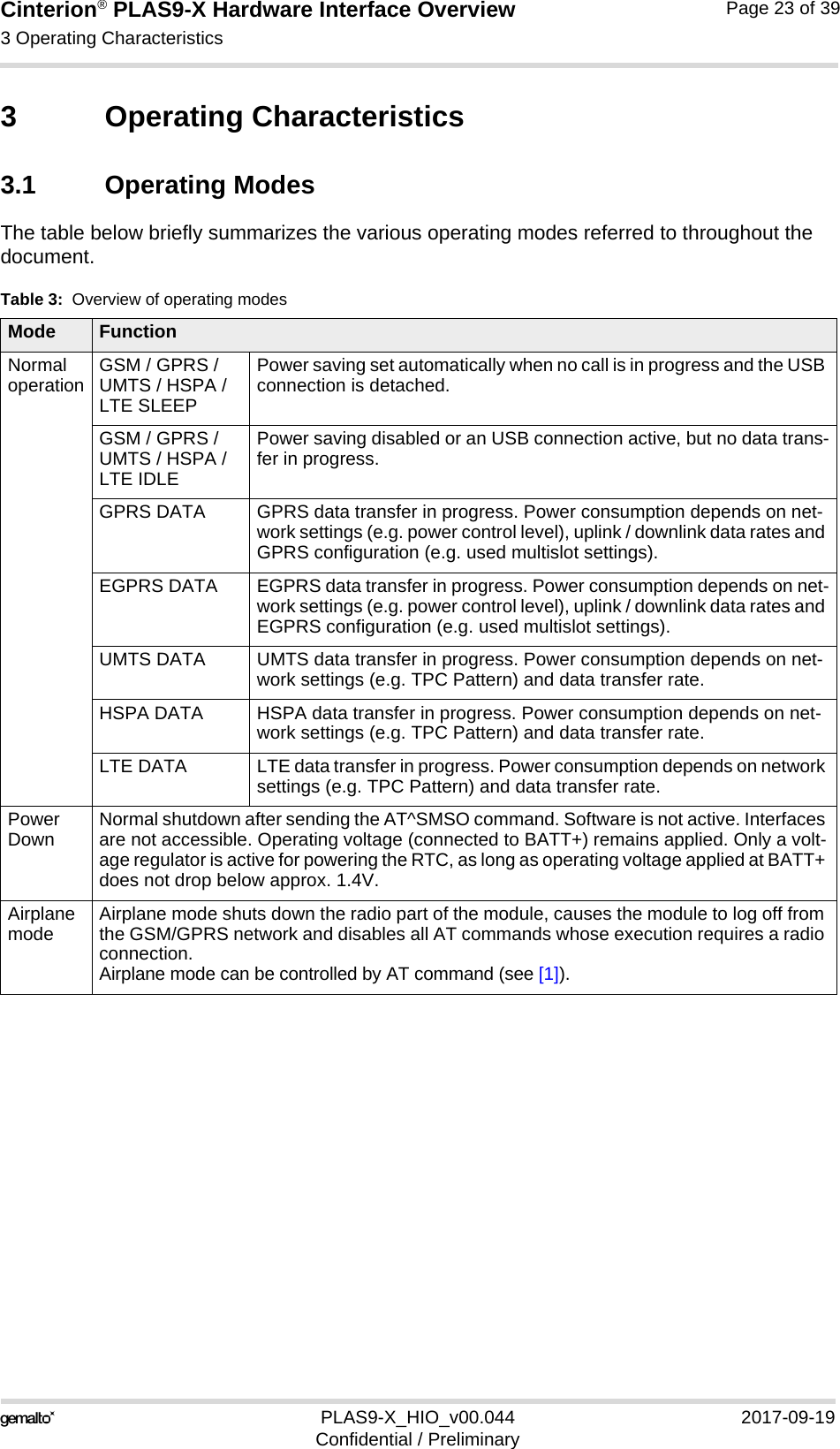 Cinterion® PLAS9-X Hardware Interface Overview3 Operating Characteristics24PLAS9-X_HIO_v00.044 2017-09-19Confidential / PreliminaryPage 23 of 393 Operating Characteristics3.1 Operating ModesThe table below briefly summarizes the various operating modes referred to throughout the document. Table 3:  Overview of operating modesMode FunctionNormal operation GSM / GPRS / UMTS / HSPA /LTE SLEEPPower saving set automatically when no call is in progress and the USB connection is detached. GSM / GPRS / UMTS / HSPA / LTE IDLEPower saving disabled or an USB connection active, but no data trans-fer in progress.GPRS DATA GPRS data transfer in progress. Power consumption depends on net-work settings (e.g. power control level), uplink / downlink data rates and GPRS configuration (e.g. used multislot settings).EGPRS DATA EGPRS data transfer in progress. Power consumption depends on net-work settings (e.g. power control level), uplink / downlink data rates and EGPRS configuration (e.g. used multislot settings).UMTS DATA UMTS data transfer in progress. Power consumption depends on net-work settings (e.g. TPC Pattern) and data transfer rate.HSPA DATA HSPA data transfer in progress. Power consumption depends on net-work settings (e.g. TPC Pattern) and data transfer rate.LTE DATA LTE data transfer in progress. Power consumption depends on network settings (e.g. TPC Pattern) and data transfer rate.Power Down Normal shutdown after sending the AT^SMSO command. Software is not active. Interfaces are not accessible. Operating voltage (connected to BATT+) remains applied. Only a volt-age regulator is active for powering the RTC, as long as operating voltage applied at BATT+ does not drop below approx. 1.4V.Airplane mode Airplane mode shuts down the radio part of the module, causes the module to log off from the GSM/GPRS network and disables all AT commands whose execution requires a radio connection.Airplane mode can be controlled by AT command (see [1]).