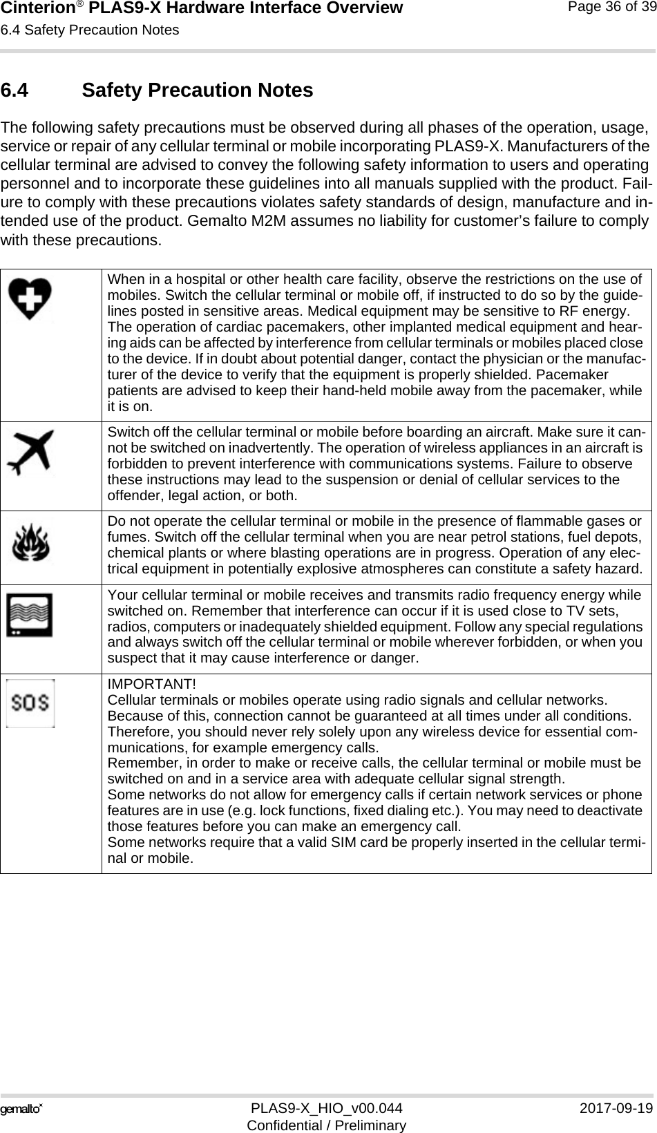 Cinterion® PLAS9-X Hardware Interface Overview6.4 Safety Precaution Notes36PLAS9-X_HIO_v00.044 2017-09-19Confidential / PreliminaryPage 36 of 396.4 Safety Precaution NotesThe following safety precautions must be observed during all phases of the operation, usage, service or repair of any cellular terminal or mobile incorporating PLAS9-X. Manufacturers of the cellular terminal are advised to convey the following safety information to users and operating personnel and to incorporate these guidelines into all manuals supplied with the product. Fail-ure to comply with these precautions violates safety standards of design, manufacture and in-tended use of the product. Gemalto M2M assumes no liability for customer’s failure to comply with these precautions.When in a hospital or other health care facility, observe the restrictions on the use of mobiles. Switch the cellular terminal or mobile off, if instructed to do so by the guide-lines posted in sensitive areas. Medical equipment may be sensitive to RF energy. The operation of cardiac pacemakers, other implanted medical equipment and hear-ing aids can be affected by interference from cellular terminals or mobiles placed close to the device. If in doubt about potential danger, contact the physician or the manufac-turer of the device to verify that the equipment is properly shielded. Pacemaker patients are advised to keep their hand-held mobile away from the pacemaker, while it is on. Switch off the cellular terminal or mobile before boarding an aircraft. Make sure it can-not be switched on inadvertently. The operation of wireless appliances in an aircraft is forbidden to prevent interference with communications systems. Failure to observe these instructions may lead to the suspension or denial of cellular services to the offender, legal action, or both.Do not operate the cellular terminal or mobile in the presence of flammable gases or fumes. Switch off the cellular terminal when you are near petrol stations, fuel depots, chemical plants or where blasting operations are in progress. Operation of any elec-trical equipment in potentially explosive atmospheres can constitute a safety hazard.Your cellular terminal or mobile receives and transmits radio frequency energy while switched on. Remember that interference can occur if it is used close to TV sets, radios, computers or inadequately shielded equipment. Follow any special regulations and always switch off the cellular terminal or mobile wherever forbidden, or when you suspect that it may cause interference or danger.IMPORTANT!Cellular terminals or mobiles operate using radio signals and cellular networks. Because of this, connection cannot be guaranteed at all times under all conditions. Therefore, you should never rely solely upon any wireless device for essential com-munications, for example emergency calls. Remember, in order to make or receive calls, the cellular terminal or mobile must be switched on and in a service area with adequate cellular signal strength. Some networks do not allow for emergency calls if certain network services or phone features are in use (e.g. lock functions, fixed dialing etc.). You may need to deactivate those features before you can make an emergency call.Some networks require that a valid SIM card be properly inserted in the cellular termi-nal or mobile.