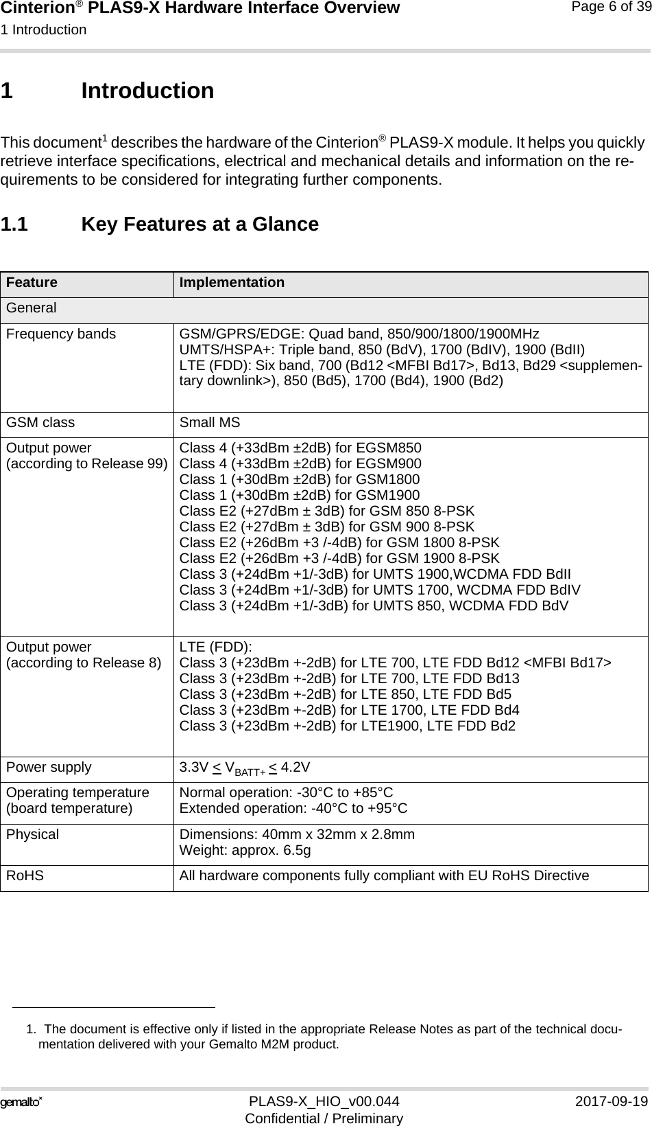 Cinterion® PLAS9-X Hardware Interface Overview1 Introduction9PLAS9-X_HIO_v00.044 2017-09-19Confidential / PreliminaryPage 6 of 391 IntroductionThis document1 describes the hardware of the Cinterion® PLAS9-X module. It helps you quickly retrieve interface specifications, electrical and mechanical details and information on the re-quirements to be considered for integrating further components.1.1 Key Features at a Glance1.  The document is effective only if listed in the appropriate Release Notes as part of the technical docu-mentation delivered with your Gemalto M2M product.Feature ImplementationGeneralFrequency bands GSM/GPRS/EDGE: Quad band, 850/900/1800/1900MHzUMTS/HSPA+: Triple band, 850 (BdV), 1700 (BdIV), 1900 (BdII)LTE (FDD): Six band, 700 (Bd12 &lt;MFBI Bd17&gt;, Bd13, Bd29 &lt;supplemen-tary downlink&gt;), 850 (Bd5), 1700 (Bd4), 1900 (Bd2)GSM class Small MSOutput power (according to Release 99) Class 4 (+33dBm ±2dB) for EGSM850Class 4 (+33dBm ±2dB) for EGSM900Class 1 (+30dBm ±2dB) for GSM1800Class 1 (+30dBm ±2dB) for GSM1900Class E2 (+27dBm ± 3dB) for GSM 850 8-PSKClass E2 (+27dBm ± 3dB) for GSM 900 8-PSKClass E2 (+26dBm +3 /-4dB) for GSM 1800 8-PSKClass E2 (+26dBm +3 /-4dB) for GSM 1900 8-PSKClass 3 (+24dBm +1/-3dB) for UMTS 1900,WCDMA FDD BdIIClass 3 (+24dBm +1/-3dB) for UMTS 1700, WCDMA FDD BdIVClass 3 (+24dBm +1/-3dB) for UMTS 850, WCDMA FDD BdVOutput power (according to Release 8) LTE (FDD):Class 3 (+23dBm +-2dB) for LTE 700, LTE FDD Bd12 &lt;MFBI Bd17&gt;Class 3 (+23dBm +-2dB) for LTE 700, LTE FDD Bd13Class 3 (+23dBm +-2dB) for LTE 850, LTE FDD Bd5Class 3 (+23dBm +-2dB) for LTE 1700, LTE FDD Bd4Class 3 (+23dBm +-2dB) for LTE1900, LTE FDD Bd2Power supply 3.3V &lt; VBATT+ &lt; 4.2VOperating temperature (board temperature) Normal operation: -30°C to +85°CExtended operation: -40°C to +95°CPhysical Dimensions: 40mm x 32mm x 2.8mmWeight: approx. 6.5gRoHS All hardware components fully compliant with EU RoHS Directive