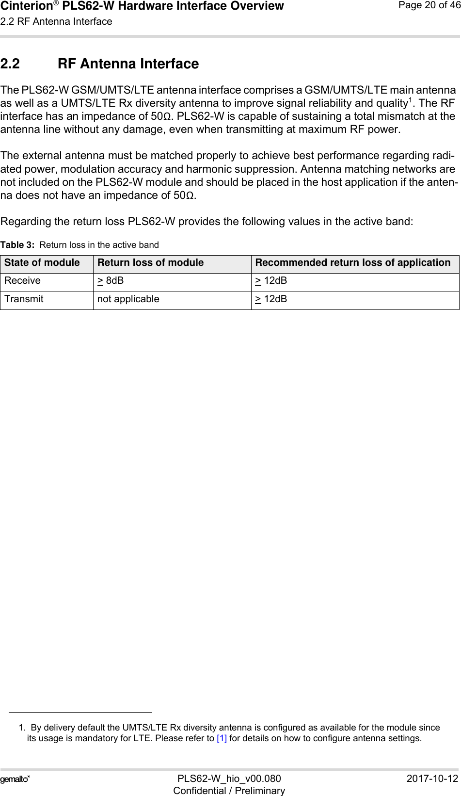 Cinterion® PLS62-W Hardware Interface Overview2.2 RF Antenna Interface28PLS62-W_hio_v00.080 2017-10-12Confidential / PreliminaryPage 20 of 462.2 RF Antenna InterfaceThe PLS62-W GSM/UMTS/LTE antenna interface comprises a GSM/UMTS/LTE main antenna as well as a UMTS/LTE Rx diversity antenna to improve signal reliability and quality1. The RF interface has an impedance of 50Ω. PLS62-W is capable of sustaining a total mismatch at the antenna line without any damage, even when transmitting at maximum RF power.The external antenna must be matched properly to achieve best performance regarding radi-ated power, modulation accuracy and harmonic suppression. Antenna matching networks are not included on the PLS62-W module and should be placed in the host application if the anten-na does not have an impedance of 50Ω.Regarding the return loss PLS62-W provides the following values in the active band:1.  By delivery default the UMTS/LTE Rx diversity antenna is configured as available for the module sinceits usage is mandatory for LTE. Please refer to [1] for details on how to configure antenna settings.Table 3:  Return loss in the active bandState of module Return loss of module Recommended return loss of applicationReceive &gt; 8dB &gt; 12dBTransmit not applicable  &gt; 12dB
