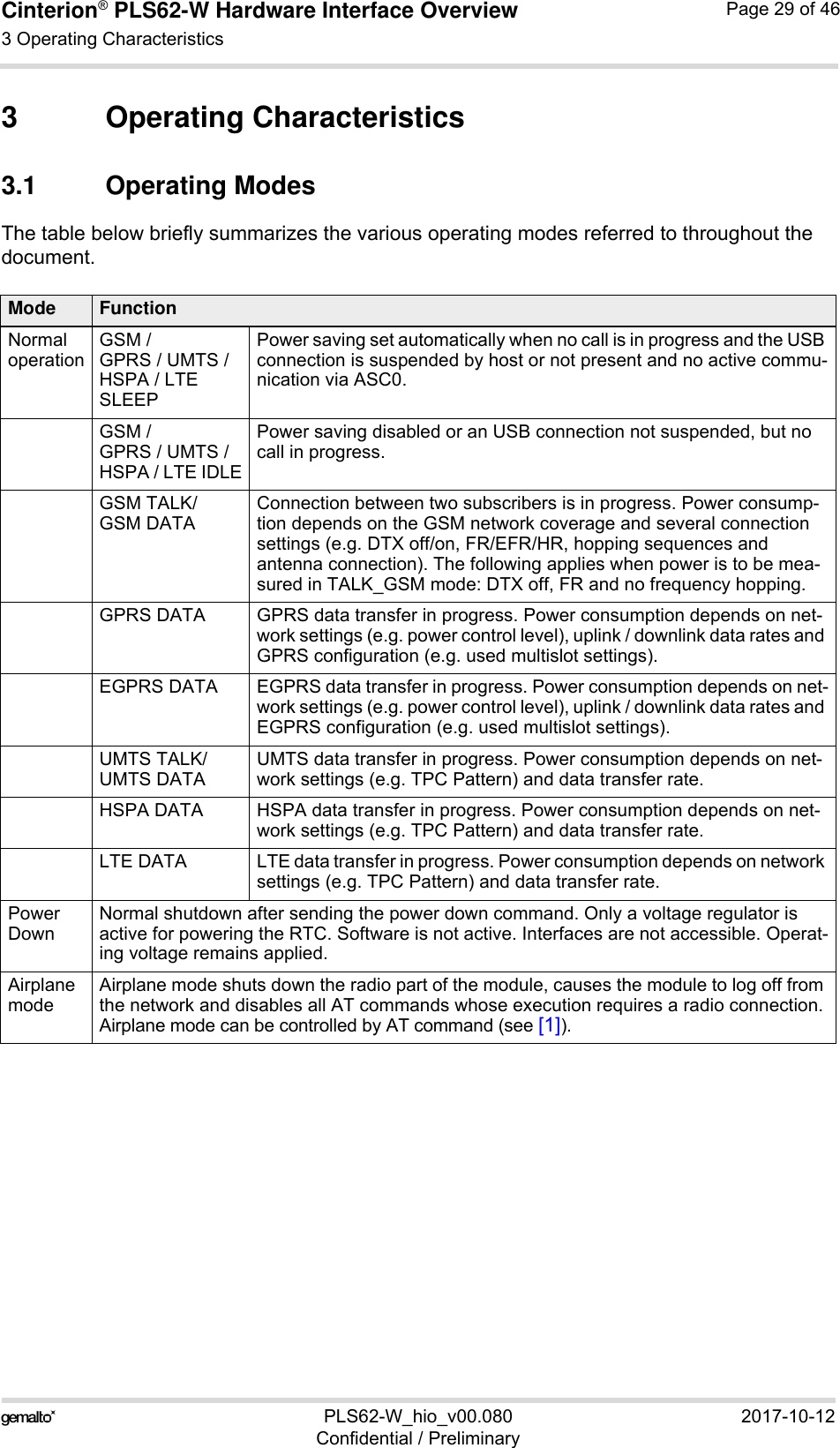 Cinterion® PLS62-W Hardware Interface Overview3 Operating Characteristics30PLS62-W_hio_v00.080 2017-10-12Confidential / PreliminaryPage 29 of 463 Operating Characteristics3.1 Operating ModesThe table below briefly summarizes the various operating modes referred to throughout the document.Mode FunctionNormal operationGSM / GPRS / UMTS / HSPA / LTE SLEEPPower saving set automatically when no call is in progress and the USB connection is suspended by host or not present and no active commu-nication via ASC0. GSM / GPRS / UMTS / HSPA / LTE IDLEPower saving disabled or an USB connection not suspended, but no call in progress.GSM TALK/GSM DATAConnection between two subscribers is in progress. Power consump-tion depends on the GSM network coverage and several connection settings (e.g. DTX off/on, FR/EFR/HR, hopping sequences and antenna connection). The following applies when power is to be mea-sured in TALK_GSM mode: DTX off, FR and no frequency hopping.GPRS DATA GPRS data transfer in progress. Power consumption depends on net-work settings (e.g. power control level), uplink / downlink data rates and GPRS configuration (e.g. used multislot settings).EGPRS DATA EGPRS data transfer in progress. Power consumption depends on net-work settings (e.g. power control level), uplink / downlink data rates and EGPRS configuration (e.g. used multislot settings).UMTS TALK/UMTS DATAUMTS data transfer in progress. Power consumption depends on net-work settings (e.g. TPC Pattern) and data transfer rate.HSPA DATA HSPA data transfer in progress. Power consumption depends on net-work settings (e.g. TPC Pattern) and data transfer rate.LTE DATA LTE data transfer in progress. Power consumption depends on network settings (e.g. TPC Pattern) and data transfer rate.Power DownNormal shutdown after sending the power down command. Only a voltage regulator is active for powering the RTC. Software is not active. Interfaces are not accessible. Operat-ing voltage remains applied.Airplane modeAirplane mode shuts down the radio part of the module, causes the module to log off from the network and disables all AT commands whose execution requires a radio connection.Airplane mode can be controlled by AT command (see [1]).