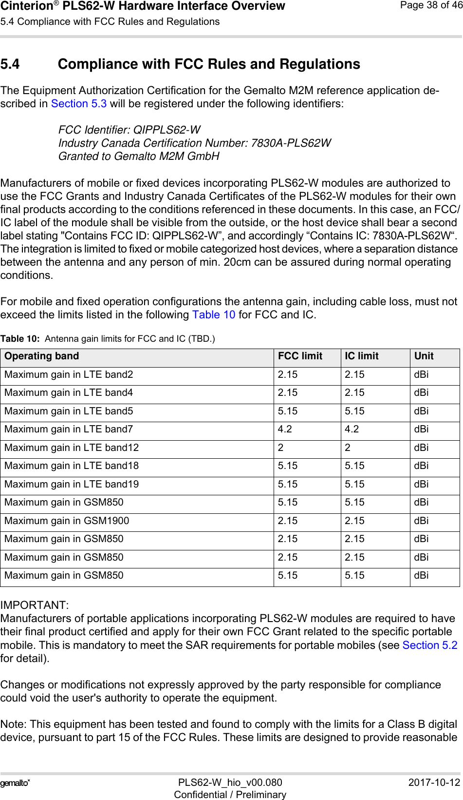 Cinterion® PLS62-W Hardware Interface Overview5.4 Compliance with FCC Rules and Regulations39PLS62-W_hio_v00.080 2017-10-12Confidential / PreliminaryPage 38 of 465.4 Compliance with FCC Rules and RegulationsThe Equipment Authorization Certification for the Gemalto M2M reference application de-scribed in Section 5.3 will be registered under the following identifiers:FCC Identifier: QIPPLS62-WIndustry Canada Certification Number: 7830A-PLS62WGranted to Gemalto M2M GmbH Manufacturers of mobile or fixed devices incorporating PLS62-W modules are authorized to use the FCC Grants and Industry Canada Certificates of the PLS62-W modules for their own final products according to the conditions referenced in these documents. In this case, an FCC/IC label of the module shall be visible from the outside, or the host device shall bear a second label stating &quot;Contains FCC ID: QIPPLS62-W”, and accordingly “Contains IC: 7830A-PLS62W“. The integration is limited to fixed or mobile categorized host devices, where a separation distance between the antenna and any person of min. 20cm can be assured during normal operating conditions. For mobile and fixed operation configurations the antenna gain, including cable loss, must not exceed the limits listed in the following Table 10 for FCC and IC.IMPORTANT: Manufacturers of portable applications incorporating PLS62-W modules are required to have their final product certified and apply for their own FCC Grant related to the specific portable mobile. This is mandatory to meet the SAR requirements for portable mobiles (see Section 5.2 for detail).Changes or modifications not expressly approved by the party responsible for compliance could void the user&apos;s authority to operate the equipment.Note: This equipment has been tested and found to comply with the limits for a Class B digital device, pursuant to part 15 of the FCC Rules. These limits are designed to provide reasonable Table 10:  Antenna gain limits for FCC and IC (TBD.)Operating band FCC limit IC limit UnitMaximum gain in LTE band2 2.15 2.15 dBiMaximum gain in LTE band4 2.15 2.15 dBiMaximum gain in LTE band5 5.15 5.15 dBiMaximum gain in LTE band7 4.2 4.2 dBiMaximum gain in LTE band12 2 2 dBiMaximum gain in LTE band18 5.15 5.15 dBiMaximum gain in LTE band19 5.15 5.15 dBiMaximum gain in GSM850 5.15 5.15 dBiMaximum gain in GSM1900 2.15 2.15 dBiMaximum gain in GSM850 2.15 2.15 dBiMaximum gain in GSM850 2.15 2.15 dBiMaximum gain in GSM850 5.15 5.15 dBi