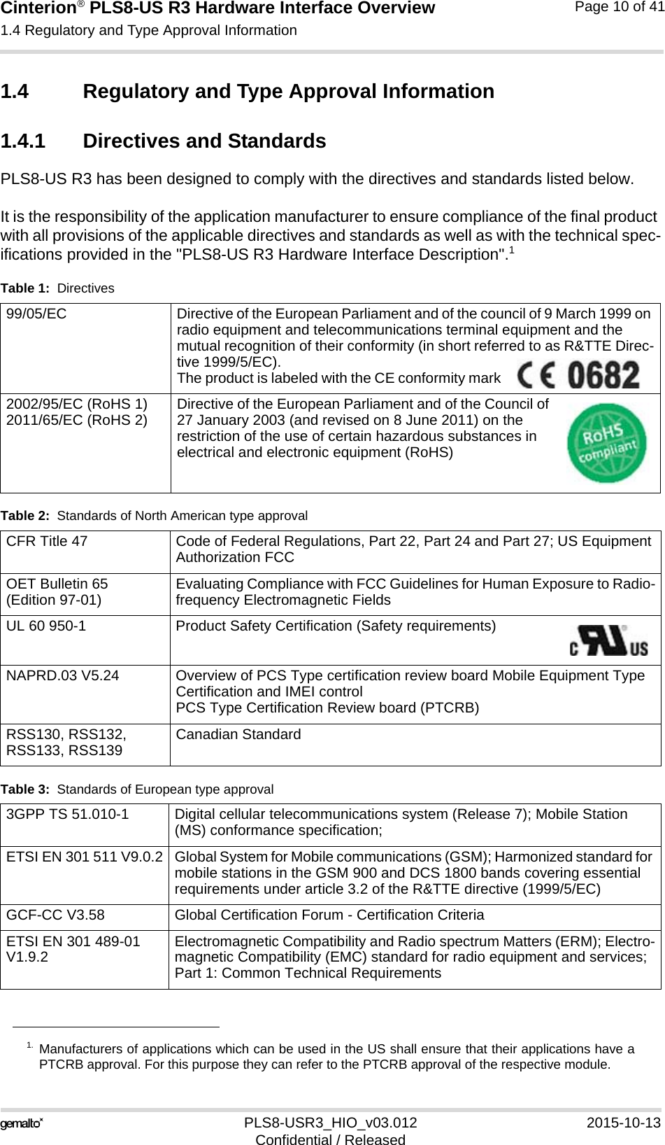 Cinterion® PLS8-US R3 Hardware Interface Overview1.4 Regulatory and Type Approval Information14PLS8-USR3_HIO_v03.012 2015-10-13Confidential / ReleasedPage 10 of 411.4 Regulatory and Type Approval Information1.4.1 Directives and StandardsPLS8-US R3 has been designed to comply with the directives and standards listed below.It is the responsibility of the application manufacturer to ensure compliance of the final product with all provisions of the applicable directives and standards as well as with the technical spec-ifications provided in the &quot;PLS8-US R3 Hardware Interface Description&quot;.11. Manufacturers of applications which can be used in the US shall ensure that their applications have aPTCRB approval. For this purpose they can refer to the PTCRB approval of the respective module.Table 1:  Directives99/05/EC Directive of the European Parliament and of the council of 9 March 1999 on radio equipment and telecommunications terminal equipment and the mutual recognition of their conformity (in short referred to as R&amp;TTE Direc-tive 1999/5/EC).The product is labeled with the CE conformity mark   2002/95/EC (RoHS 1)2011/65/EC (RoHS 2) Directive of the European Parliament and of the Council of 27 January 2003 (and revised on 8 June 2011) on the restriction of the use of certain hazardous substances in electrical and electronic equipment (RoHS)Table 2:  Standards of North American type approvalCFR Title 47 Code of Federal Regulations, Part 22, Part 24 and Part 27; US Equipment Authorization FCCOET Bulletin 65(Edition 97-01) Evaluating Compliance with FCC Guidelines for Human Exposure to Radio-frequency Electromagnetic FieldsUL 60 950-1 Product Safety Certification (Safety requirements) NAPRD.03 V5.24 Overview of PCS Type certification review board Mobile Equipment Type Certification and IMEI controlPCS Type Certification Review board (PTCRB)RSS130, RSS132, RSS133, RSS139 Canadian StandardTable 3:  Standards of European type approval3GPP TS 51.010-1 Digital cellular telecommunications system (Release 7); Mobile Station (MS) conformance specification;ETSI EN 301 511 V9.0.2 Global System for Mobile communications (GSM); Harmonized standard for mobile stations in the GSM 900 and DCS 1800 bands covering essential requirements under article 3.2 of the R&amp;TTE directive (1999/5/EC)GCF-CC V3.58  Global Certification Forum - Certification CriteriaETSI EN 301 489-01 V1.9.2 Electromagnetic Compatibility and Radio spectrum Matters (ERM); Electro-magnetic Compatibility (EMC) standard for radio equipment and services; Part 1: Common Technical Requirements