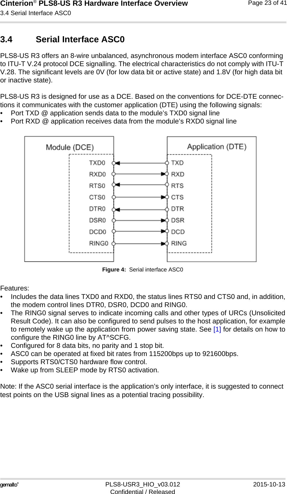 Cinterion® PLS8-US R3 Hardware Interface Overview3.4 Serial Interface ASC027PLS8-USR3_HIO_v03.012 2015-10-13Confidential / ReleasedPage 23 of 413.4 Serial Interface ASC0PLS8-US R3 offers an 8-wire unbalanced, asynchronous modem interface ASC0 conforming to ITU-T V.24 protocol DCE signalling. The electrical characteristics do not comply with ITU-T V.28. The significant levels are 0V (for low data bit or active state) and 1.8V (for high data bit or inactive state). PLS8-US R3 is designed for use as a DCE. Based on the conventions for DCE-DTE connec-tions it communicates with the customer application (DTE) using the following signals:• Port TXD @ application sends data to the module’s TXD0 signal line• Port RXD @ application receives data from the module’s RXD0 signal lineFigure 4:  Serial interface ASC0Features:• Includes the data lines TXD0 and RXD0, the status lines RTS0 and CTS0 and, in addition,the modem control lines DTR0, DSR0, DCD0 and RING0.• The RING0 signal serves to indicate incoming calls and other types of URCs (UnsolicitedResult Code). It can also be configured to send pulses to the host application, for exampleto remotely wake up the application from power saving state. See [1] for details on how toconfigure the RING0 line by AT^SCFG.• Configured for 8 data bits, no parity and 1 stop bit. • ASC0 can be operated at fixed bit rates from 115200bps up to 921600bps.• Supports RTS0/CTS0 hardware flow control.• Wake up from SLEEP mode by RTS0 activation.Note: If the ASC0 serial interface is the application’s only interface, it is suggested to connect test points on the USB signal lines as a potential tracing possibility.