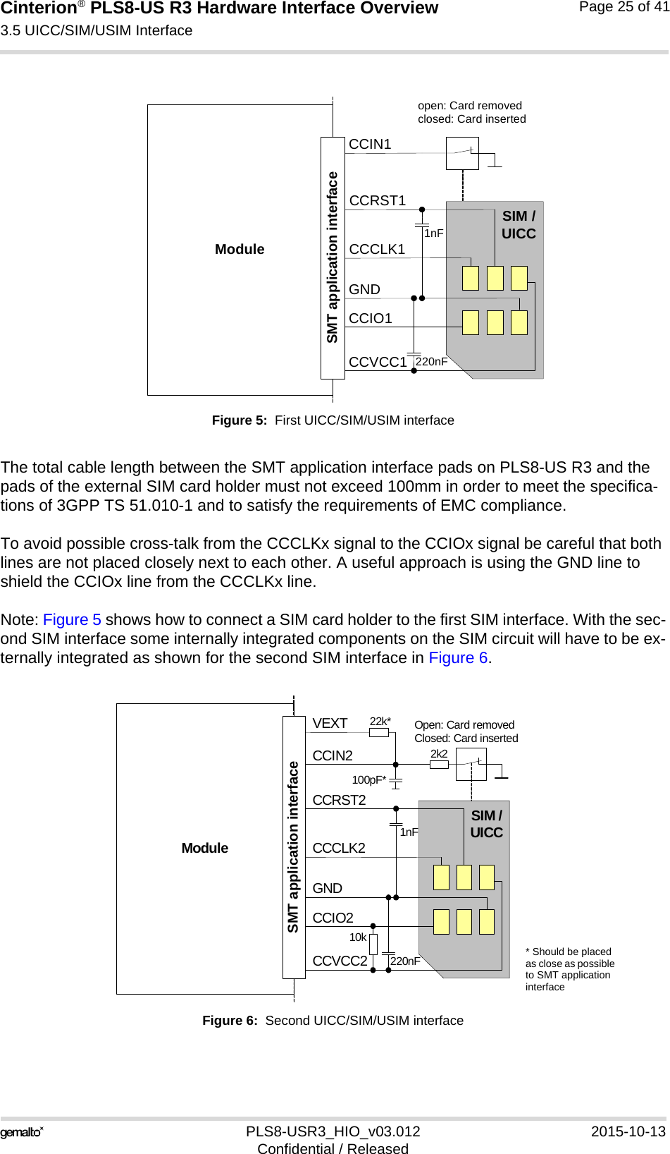 Cinterion® PLS8-US R3 Hardware Interface Overview3.5 UICC/SIM/USIM Interface27PLS8-USR3_HIO_v03.012 2015-10-13Confidential / ReleasedPage 25 of 41Figure 5:  First UICC/SIM/USIM interfaceThe total cable length between the SMT application interface pads on PLS8-US R3 and the pads of the external SIM card holder must not exceed 100mm in order to meet the specifica-tions of 3GPP TS 51.010-1 and to satisfy the requirements of EMC compliance.To avoid possible cross-talk from the CCCLKx signal to the CCIOx signal be careful that both lines are not placed closely next to each other. A useful approach is using the GND line to shield the CCIOx line from the CCCLKx line.Note: Figure 5 shows how to connect a SIM card holder to the first SIM interface. With the sec-ond SIM interface some internally integrated components on the SIM circuit will have to be ex-ternally integrated as shown for the second SIM interface in Figure 6.Figure 6:  Second UICC/SIM/USIM interfaceModuleopen: Card removedclosed: Card insertedCCRST1CCVCC1CCIO1CCCLK1CCIN1SIM /UICC1nF220nFSMT application interfaceGNDModuleOpen: Card removedClosed: Card insertedCCRST2CCVCC2CCIO2CCCLK2CCIN2SIM /UICC1nF220nFSMT application interfaceGND2k2100pF*VEXT 22k*10k* Should be placed as close as possible to SMT application interface