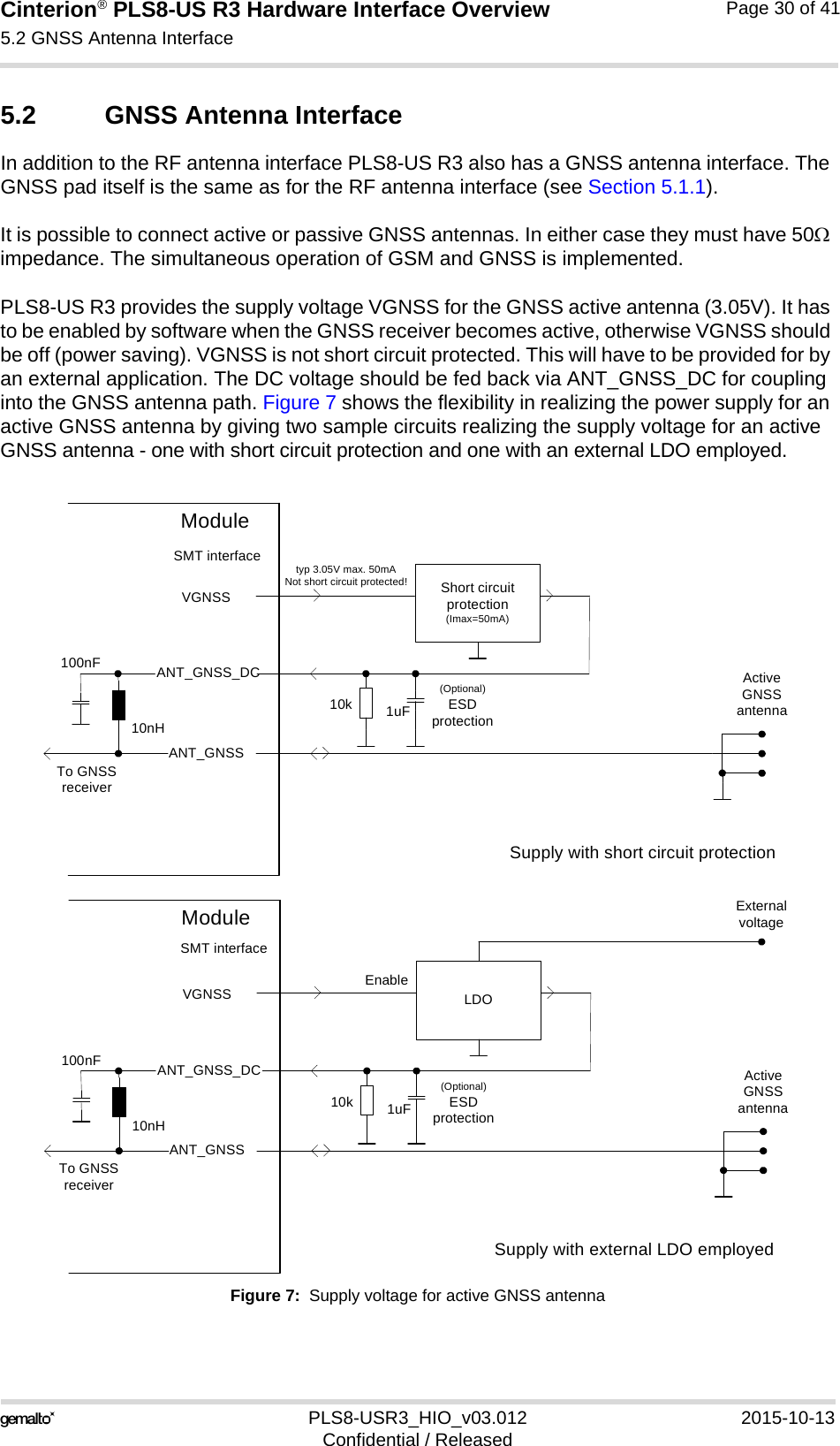 Cinterion® PLS8-US R3 Hardware Interface Overview5.2 GNSS Antenna Interface31PLS8-USR3_HIO_v03.012 2015-10-13Confidential / ReleasedPage 30 of 415.2 GNSS Antenna InterfaceIn addition to the RF antenna interface PLS8-US R3 also has a GNSS antenna interface. The GNSS pad itself is the same as for the RF antenna interface (see Section 5.1.1).It is possible to connect active or passive GNSS antennas. In either case they must have 50 impedance. The simultaneous operation of GSM and GNSS is implemented. PLS8-US R3 provides the supply voltage VGNSS for the GNSS active antenna (3.05V). It has to be enabled by software when the GNSS receiver becomes active, otherwise VGNSS should be off (power saving). VGNSS is not short circuit protected. This will have to be provided for by an external application. The DC voltage should be fed back via ANT_GNSS_DC for coupling into the GNSS antenna path. Figure 7 shows the flexibility in realizing the power supply for an active GNSS antenna by giving two sample circuits realizing the supply voltage for an active GNSS antenna - one with short circuit protection and one with an external LDO employed.Figure 7:  Supply voltage for active GNSS antennaShort circuit protection(Imax=50mA)VGNSSANT_GNSSActive GNSS antenna10nH100nFTo GNSS receiverModuleSMT interfaceANT_GNSS_DCtyp 3.05V max. 50mANot short circuit protected!1uF(Optional)ESDprotection10kSupply with short circuit protectionLDOVGNSSANT_GNSSActive GNSS antenna10nH100nFTo GNSS receiverModuleSMT interfaceANT_GNSS_DC1uF(Optional)ESDprotection10kEnableExternal voltageSupply with external LDO employed