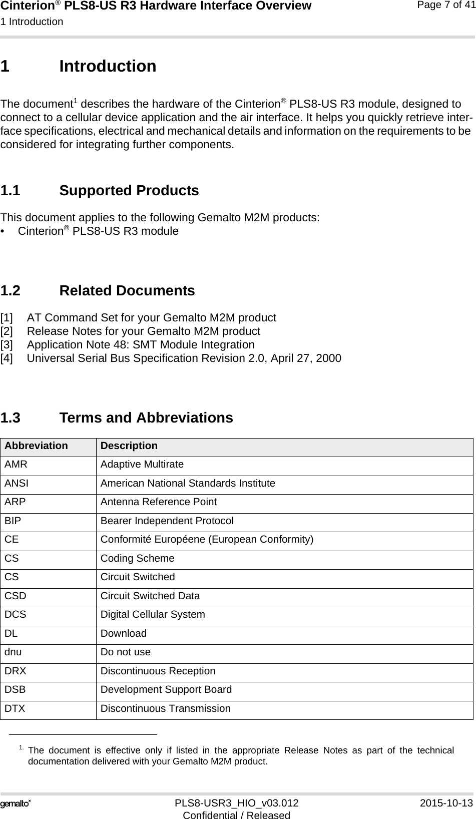 Cinterion® PLS8-US R3 Hardware Interface Overview1 Introduction14PLS8-USR3_HIO_v03.012 2015-10-13Confidential / ReleasedPage 7 of 411 IntroductionThe document1 describes the hardware of the Cinterion® PLS8-US R3 module, designed to connect to a cellular device application and the air interface. It helps you quickly retrieve inter-face specifications, electrical and mechanical details and information on the requirements to be considered for integrating further components.1.1 Supported ProductsThis document applies to the following Gemalto M2M products:•Cinterion® PLS8-US R3 module1.2 Related Documents[1] AT Command Set for your Gemalto M2M product[2] Release Notes for your Gemalto M2M product[3] Application Note 48: SMT Module Integration[4] Universal Serial Bus Specification Revision 2.0, April 27, 20001.3 Terms and Abbreviations1. The document is effective only if listed in the appropriate Release Notes as part of the technicaldocumentation delivered with your Gemalto M2M product.Abbreviation DescriptionAMR Adaptive MultirateANSI American National Standards InstituteARP Antenna Reference PointBIP Bearer Independent ProtocolCE Conformité Européene (European Conformity)CS Coding SchemeCS Circuit SwitchedCSD Circuit Switched DataDCS Digital Cellular SystemDL Downloaddnu Do not useDRX Discontinuous ReceptionDSB Development Support BoardDTX Discontinuous Transmission