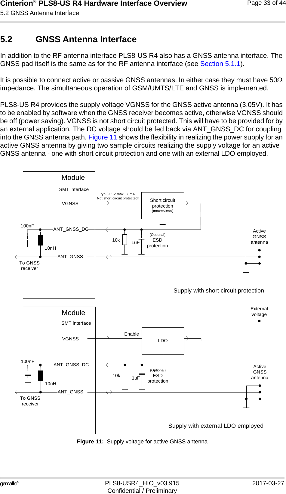 Cinterion® PLS8-US R4 Hardware Interface Overview5.2 GNSS Antenna Interface34PLS8-USR4_HIO_v03.915 2017-03-27Confidential / PreliminaryPage 33 of 445.2 GNSS Antenna InterfaceIn addition to the RF antenna interface PLS8-US R4 also has a GNSS antenna interface. The GNSS pad itself is the same as for the RF antenna interface (see Section 5.1.1).It is possible to connect active or passive GNSS antennas. In either case they must have 50 impedance. The simultaneous operation of GSM/UMTS/LTE and GNSS is implemented. PLS8-US R4 provides the supply voltage VGNSS for the GNSS active antenna (3.05V). It has to be enabled by software when the GNSS receiver becomes active, otherwise VGNSS should be off (power saving). VGNSS is not short circuit protected. This will have to be provided for by an external application. The DC voltage should be fed back via ANT_GNSS_DC for coupling into the GNSS antenna path. Figure 11 shows the flexibility in realizing the power supply for an active GNSS antenna by giving two sample circuits realizing the supply voltage for an active GNSS antenna - one with short circuit protection and one with an external LDO employed.Figure 11:  Supply voltage for active GNSS antennaShort circuit protection(Imax=50mA)VGNSSANT_GNSSActive GNSS antenna10nH100nFTo GNSS receiverModuleSMT interfaceANT_GNSS_DCtyp 3.05V max. 50mANot short circuit protected!1uF(Optional)ESDprotection10kSupply with short circuit protectionLDOVGNSSANT_GNSSActive GNSS antenna10nH100nFTo GNSS receiverModuleSMT interfaceANT_GNSS_DC1uF(Optional)ESDprotection10kEnableExternal voltageSupply with external LDO employed