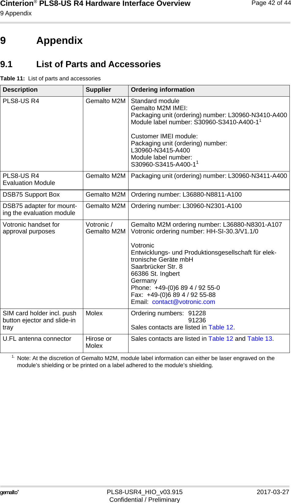 Cinterion® PLS8-US R4 Hardware Interface Overview9 Appendix43PLS8-USR4_HIO_v03.915 2017-03-27Confidential / PreliminaryPage 42 of 449 Appendix9.1 List of Parts and AccessoriesTable 11:  List of parts and accessoriesDescription Supplier Ordering informationPLS8-US R4  Gemalto M2M Standard moduleGemalto M2M IMEI:Packaging unit (ordering) number: L30960-N3410-A400Module label number: S30960-S3410-A400-11Customer IMEI module:Packaging unit (ordering) number:L30960-N3415-A400Module label number:S30960-S3415-A400-111. Note: At the discretion of Gemalto M2M, module label information can either be laser engraved on the module’s shielding or be printed on a label adhered to the module’s shielding.PLS8-US R4 Evaluation Module Gemalto M2M Packaging unit (ordering) number: L30960-N3411-A400DSB75 Support Box Gemalto M2M Ordering number: L36880-N8811-A100DSB75 adapter for mount-ing the evaluation module Gemalto M2M Ordering number: L30960-N2301-A100Votronic handset for approval purposes Votronic / Gemalto M2M Gemalto M2M ordering number: L36880-N8301-A107Votronic ordering number: HH-SI-30.3/V1.1/0Votronic Entwicklungs- und Produktionsgesellschaft für elek-tronische Geräte mbHSaarbrücker Str. 866386 St. IngbertGermanyPhone:  +49-(0)6 89 4 / 92 55-0Fax:  +49-(0)6 89 4 / 92 55-88Email:  contact@votronic.comSIM card holder incl. push button ejector and slide-in trayMolex Ordering numbers:  91228 91236Sales contacts are listed in Table 12.U.FL antenna connector Hirose or Molex Sales contacts are listed in Table 12 and Table 13.