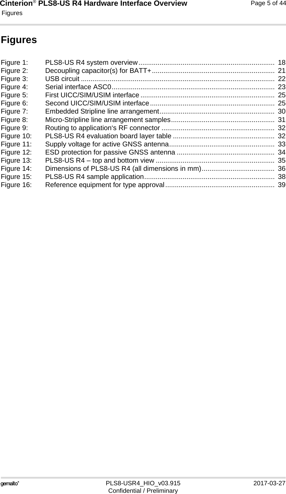 Cinterion® PLS8-US R4 Hardware Interface Overview Figures44PLS8-USR4_HIO_v03.915 2017-03-27Confidential / PreliminaryPage 5 of 44FiguresFigure 1: PLS8-US R4 system overview.......................................................................  18Figure 2: Decoupling capacitor(s) for BATT+................................................................  21Figure 3: USB circuit .....................................................................................................  22Figure 4: Serial interface ASC0.....................................................................................  23Figure 5: First UICC/SIM/USIM interface ......................................................................  25Figure 6: Second UICC/SIM/USIM interface.................................................................  25Figure 7: Embedded Stripline line arrangement............................................................  30Figure 8: Micro-Stripline line arrangement samples......................................................  31Figure 9: Routing to application‘s RF connector ...........................................................  32Figure 10: PLS8-US R4 evaluation board layer table .....................................................  32Figure 11: Supply voltage for active GNSS antenna.......................................................  33Figure 12: ESD protection for passive GNSS antenna ...................................................  34Figure 13: PLS8-US R4 – top and bottom view ..............................................................  35Figure 14: Dimensions of PLS8-US R4 (all dimensions in mm)......................................  36Figure 15: PLS8-US R4 sample application....................................................................  38Figure 16: Reference equipment for type approval.........................................................  39