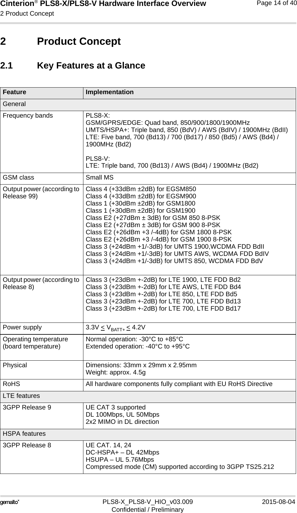 Cinterion® PLS8-X/PLS8-V Hardware Interface Overview2 Product Concept17PLS8-X_PLS8-V_HIO_v03.009 2015-08-04Confidential / PreliminaryPage 14 of 402 Product Concept2.1 Key Features at a GlanceFeature ImplementationGeneralFrequency bands PLS8-X:GSM/GPRS/EDGE: Quad band, 850/900/1800/1900MHzUMTS/HSPA+: Triple band, 850 (BdV) / AWS (BdIV) / 1900MHz (BdII)LTE: Five band, 700 (Bd13) / 700 (Bd17) / 850 (Bd5) / AWS (Bd4) / 1900MHz (Bd2)PLS8-V:LTE: Triple band, 700 (Bd13) / AWS (Bd4) / 1900MHz (Bd2)GSM class Small MSOutput power (according to Release 99) Class 4 (+33dBm ±2dB) for EGSM850Class 4 (+33dBm ±2dB) for EGSM900Class 1 (+30dBm ±2dB) for GSM1800Class 1 (+30dBm ±2dB) for GSM1900Class E2 (+27dBm ± 3dB) for GSM 850 8-PSKClass E2 (+27dBm ± 3dB) for GSM 900 8-PSKClass E2 (+26dBm +3 /-4dB) for GSM 1800 8-PSKClass E2 (+26dBm +3 /-4dB) for GSM 1900 8-PSKClass 3 (+24dBm +1/-3dB) for UMTS 1900,WCDMA FDD BdIIClass 3 (+24dBm +1/-3dB) for UMTS AWS, WCDMA FDD BdIVClass 3 (+24dBm +1/-3dB) for UMTS 850, WCDMA FDD BdVOutput power (according to Release 8) Class 3 (+23dBm +-2dB) for LTE 1900, LTE FDD Bd2Class 3 (+23dBm +-2dB) for LTE AWS, LTE FDD Bd4Class 3 (+23dBm +-2dB) for LTE 850, LTE FDD Bd5Class 3 (+23dBm +-2dB) for LTE 700, LTE FDD Bd13Class 3 (+23dBm +-2dB) for LTE 700, LTE FDD Bd17Power supply 3.3V &lt; VBATT+ &lt; 4.2VOperating temperature (board temperature) Normal operation: -30°C to +85°CExtended operation: -40°C to +95°CPhysical Dimensions: 33mm x 29mm x 2.95mmWeight: approx. 4.5gRoHS All hardware components fully compliant with EU RoHS DirectiveLTE features3GPP Release 9 UE CAT 3 supportedDL 100Mbps, UL 50Mbps2x2 MIMO in DL directionHSPA features3GPP Release 8 UE CAT. 14, 24DC-HSPA+ – DL 42MbpsHSUPA – UL 5.76Mbps Compressed mode (CM) supported according to 3GPP TS25.212