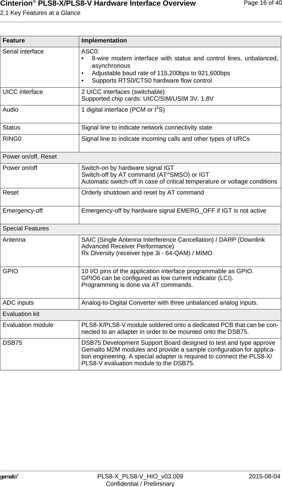 Cinterion® PLS8-X/PLS8-V Hardware Interface Overview2.1 Key Features at a Glance17PLS8-X_PLS8-V_HIO_v03.009 2015-08-04Confidential / PreliminaryPage 16 of 40Serial interface ASC0:• 8-wire modem interface with status and control lines, unbalanced,asynchronous• Adjustable baud rate of 115,200bps to 921,600bps• Supports RTS0/CTS0 hardware flow controlUICC interface 2 UICC interfaces (switchable)Supported chip cards: UICC/SIM/USIM 3V, 1.8VAudio 1 digital interface (PCM or I2S)Status Signal line to indicate network connectivity stateRING0 Signal line to indicate incoming calls and other types of URCsPower on/off, ResetPower on/off Switch-on by hardware signal IGTSwitch-off by AT command (AT^SMSO) or IGTAutomatic switch-off in case of critical temperature or voltage conditionsReset Orderly shutdown and reset by AT commandEmergency-off Emergency-off by hardware signal EMERG_OFF if IGT is not activeSpecial FeaturesAntenna SAIC (Single Antenna Interference Cancellation) / DARP (Downlink Advanced Receiver Performance)Rx Diversity (receiver type 3i - 64-QAM) / MIMOGPIO 10 I/O pins of the application interface programmable as GPIO.GPIO6 can be configured as low current indicator (LCI).Programming is done via AT commands.ADC inputs Analog-to-Digital Converter with three unbalanced analog inputs.Evaluation kitEvaluation module PLS8-X/PLS8-V module soldered onto a dedicated PCB that can be con-nected to an adapter in order to be mounted onto the DSB75.DSB75  DSB75 Development Support Board designed to test and type approve Gemalto M2M modules and provide a sample configuration for applica-tion engineering. A special adapter is required to connect the PLS8-X/PLS8-V evaluation module to the DSB75.Feature Implementation