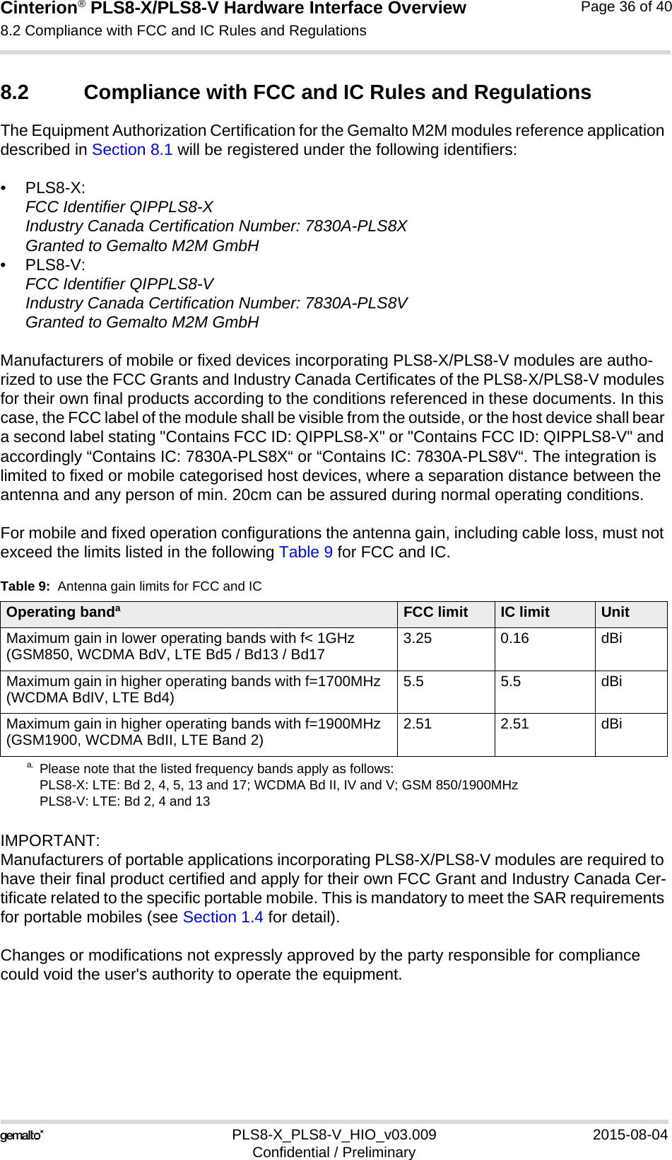 Cinterion® PLS8-X/PLS8-V Hardware Interface Overview8.2 Compliance with FCC and IC Rules and Regulations37PLS8-X_PLS8-V_HIO_v03.009 2015-08-04Confidential / PreliminaryPage 36 of 408.2 Compliance with FCC and IC Rules and Regulations The Equipment Authorization Certification for the Gemalto M2M modules reference application described in Section 8.1 will be registered under the following identifiers:•PLS8-X:FCC Identifier QIPPLS8-XIndustry Canada Certification Number: 7830A-PLS8XGranted to Gemalto M2M GmbH•PLS8-V:FCC Identifier QIPPLS8-VIndustry Canada Certification Number: 7830A-PLS8VGranted to Gemalto M2M GmbHManufacturers of mobile or fixed devices incorporating PLS8-X/PLS8-V modules are autho-rized to use the FCC Grants and Industry Canada Certificates of the PLS8-X/PLS8-V modules for their own final products according to the conditions referenced in these documents. In this case, the FCC label of the module shall be visible from the outside, or the host device shall bear a second label stating &quot;Contains FCC ID: QIPPLS8-X&quot; or &quot;Contains FCC ID: QIPPLS8-V&quot; and accordingly “Contains IC: 7830A-PLS8X“ or “Contains IC: 7830A-PLS8V“. The integration is limited to fixed or mobile categorised host devices, where a separation distance between the antenna and any person of min. 20cm can be assured during normal operating conditions. For mobile and fixed operation configurations the antenna gain, including cable loss, must not exceed the limits listed in the following Table 9 for FCC and IC.IMPORTANT:Manufacturers of portable applications incorporating PLS8-X/PLS8-V modules are required to have their final product certified and apply for their own FCC Grant and Industry Canada Cer-tificate related to the specific portable mobile. This is mandatory to meet the SAR requirements for portable mobiles (see Section 1.4 for detail).Changes or modifications not expressly approved by the party responsible for compliance could void the user&apos;s authority to operate the equipment.Table 9:  Antenna gain limits for FCC and ICOperating bandaa. Please note that the listed frequency bands apply as follows:PLS8-X: LTE: Bd 2, 4, 5, 13 and 17; WCDMA Bd II, IV and V; GSM 850/1900MHzPLS8-V: LTE: Bd 2, 4 and 13FCC limit IC limit UnitMaximum gain in lower operating bands with f&lt; 1GHz (GSM850, WCDMA BdV, LTE Bd5 / Bd13 / Bd17 3.25 0.16 dBiMaximum gain in higher operating bands with f=1700MHz (WCDMA BdIV, LTE Bd4) 5.5 5.5 dBiMaximum gain in higher operating bands with f=1900MHz (GSM1900, WCDMA BdII, LTE Band 2) 2.51 2.51 dBi