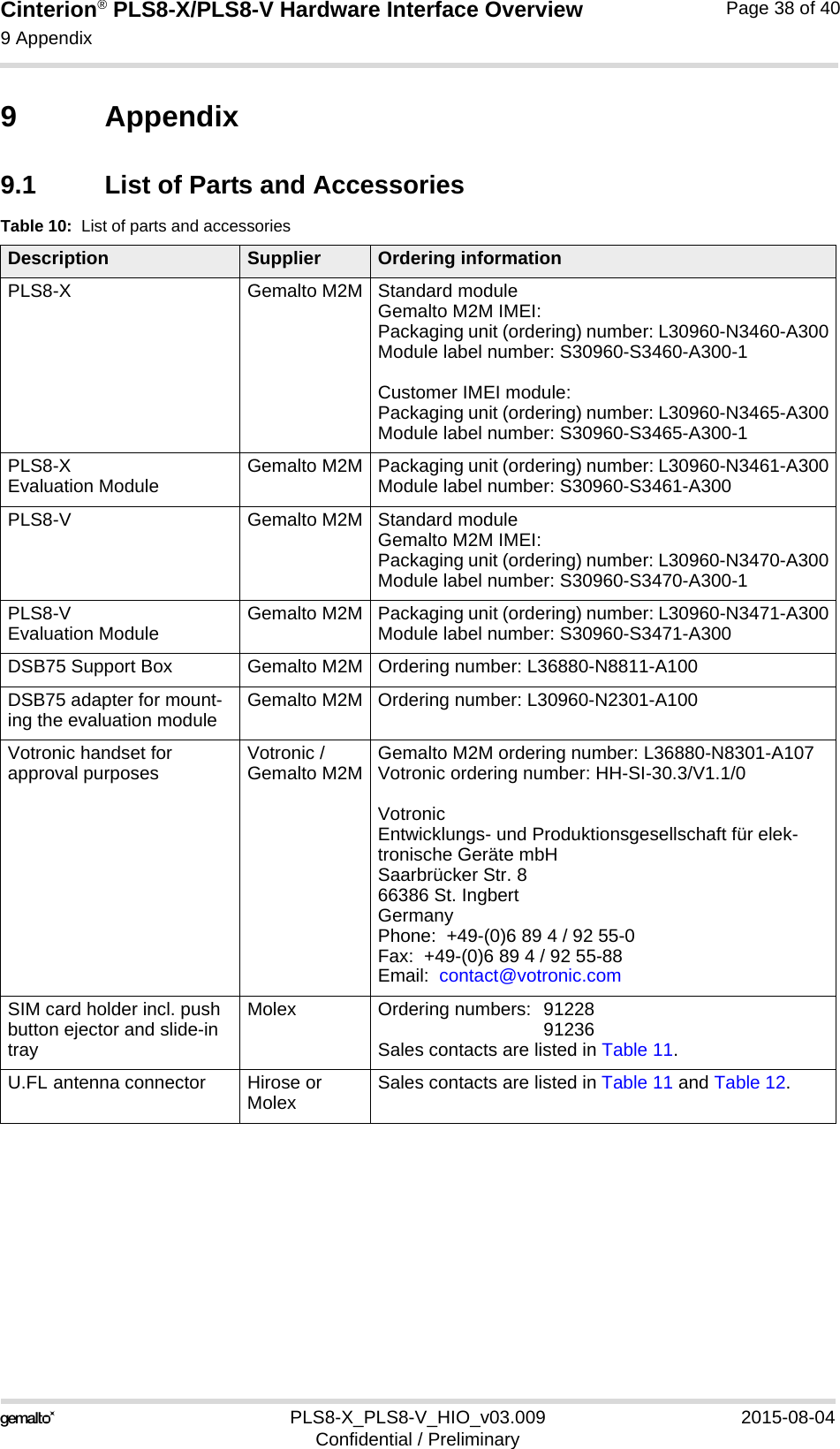 Cinterion® PLS8-X/PLS8-V Hardware Interface Overview9 Appendix39PLS8-X_PLS8-V_HIO_v03.009 2015-08-04Confidential / PreliminaryPage 38 of 409 Appendix9.1 List of Parts and AccessoriesTable 10:  List of parts and accessoriesDescription Supplier Ordering informationPLS8-X Gemalto M2M Standard moduleGemalto M2M IMEI:Packaging unit (ordering) number: L30960-N3460-A300Module label number: S30960-S3460-A300-1Customer IMEI module:Packaging unit (ordering) number: L30960-N3465-A300Module label number: S30960-S3465-A300-1PLS8-X Evaluation Module Gemalto M2M Packaging unit (ordering) number: L30960-N3461-A300Module label number: S30960-S3461-A300PLS8-V Gemalto M2M Standard moduleGemalto M2M IMEI:Packaging unit (ordering) number: L30960-N3470-A300Module label number: S30960-S3470-A300-1PLS8-V Evaluation Module Gemalto M2M Packaging unit (ordering) number: L30960-N3471-A300Module label number: S30960-S3471-A300DSB75 Support Box Gemalto M2M Ordering number: L36880-N8811-A100DSB75 adapter for mount-ing the evaluation module Gemalto M2M Ordering number: L30960-N2301-A100Votronic handset for approval purposes Votronic / Gemalto M2M Gemalto M2M ordering number: L36880-N8301-A107Votronic ordering number: HH-SI-30.3/V1.1/0Votronic Entwicklungs- und Produktionsgesellschaft für elek-tronische Geräte mbHSaarbrücker Str. 866386 St. IngbertGermanyPhone:  +49-(0)6 89 4 / 92 55-0Fax:  +49-(0)6 89 4 / 92 55-88Email:  contact@votronic.comSIM card holder incl. push button ejector and slide-in trayMolex Ordering numbers:  91228 91236Sales contacts are listed in Table 11.U.FL antenna connector Hirose or Molex Sales contacts are listed in Table 11 and Table 12.