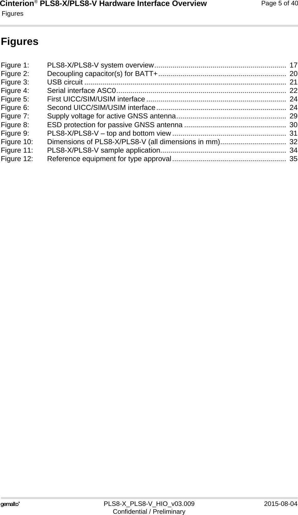 Cinterion® PLS8-X/PLS8-V Hardware Interface Overview Figures40PLS8-X_PLS8-V_HIO_v03.009 2015-08-04Confidential / PreliminaryPage 5 of 40FiguresFigure 1: PLS8-X/PLS8-V system overview..................................................................  17Figure 2: Decoupling capacitor(s) for BATT+................................................................  20Figure 3: USB circuit .....................................................................................................  21Figure 4: Serial interface ASC0.....................................................................................  22Figure 5: First UICC/SIM/USIM interface ......................................................................  24Figure 6: Second UICC/SIM/USIM interface.................................................................  24Figure 7: Supply voltage for active GNSS antenna.......................................................  29Figure 8: ESD protection for passive GNSS antenna ...................................................  30Figure 9: PLS8-X/PLS8-V – top and bottom view .........................................................  31Figure 10: Dimensions of PLS8-X/PLS8-V (all dimensions in mm).................................  32Figure 11: PLS8-X/PLS8-V sample application...............................................................  34Figure 12: Reference equipment for type approval.........................................................  35