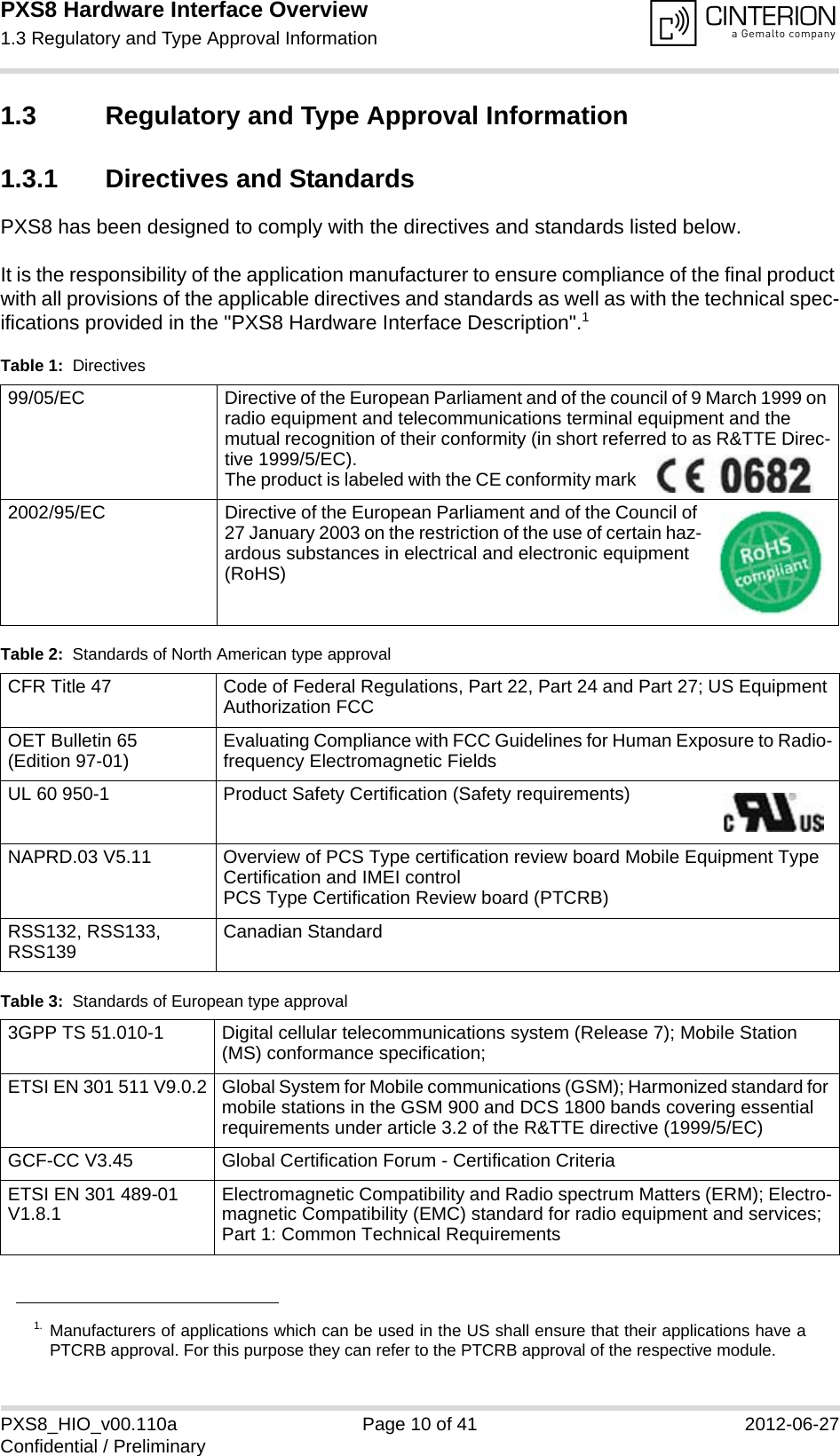 PXS8 Hardware Interface Overview1.3 Regulatory and Type Approval Information15PXS8_HIO_v00.110a Page 10 of 41 2012-06-27Confidential / Preliminary1.3 Regulatory and Type Approval Information1.3.1 Directives and StandardsPXS8 has been designed to comply with the directives and standards listed below.It is the responsibility of the application manufacturer to ensure compliance of the final product with all provisions of the applicable directives and standards as well as with the technical spec-ifications provided in the "PXS8 Hardware Interface Description".11. Manufacturers of applications which can be used in the US shall ensure that their applications have aPTCRB approval. For this purpose they can refer to the PTCRB approval of the respective module. Table 1:  Directives99/05/EC Directive of the European Parliament and of the council of 9 March 1999 on radio equipment and telecommunications terminal equipment and the mutual recognition of their conformity (in short referred to as R&amp;TTE Direc-tive 1999/5/EC).The product is labeled with the CE conformity mark   2002/95/EC  Directive of the European Parliament and of the Council of 27 January 2003 on the restriction of the use of certain haz-ardous substances in electrical and electronic equipment (RoHS)Table 2:  Standards of North American type approvalCFR Title 47 Code of Federal Regulations, Part 22, Part 24 and Part 27; US Equipment Authorization FCCOET Bulletin 65(Edition 97-01) Evaluating Compliance with FCC Guidelines for Human Exposure to Radio-frequency Electromagnetic FieldsUL 60 950-1 Product Safety Certification (Safety requirements) NAPRD.03 V5.11 Overview of PCS Type certification review board Mobile Equipment Type Certification and IMEI controlPCS Type Certification Review board (PTCRB)RSS132, RSS133, RSS139 Canadian StandardTable 3:  Standards of European type approval3GPP TS 51.010-1 Digital cellular telecommunications system (Release 7); Mobile Station (MS) conformance specification;ETSI EN 301 511 V9.0.2 Global System for Mobile communications (GSM); Harmonized standard for mobile stations in the GSM 900 and DCS 1800 bands covering essential requirements under article 3.2 of the R&amp;TTE directive (1999/5/EC)GCF-CC V3.45  Global Certification Forum - Certification CriteriaETSI EN 301 489-01 V1.8.1 Electromagnetic Compatibility and Radio spectrum Matters (ERM); Electro-magnetic Compatibility (EMC) standard for radio equipment and services; Part 1: Common Technical Requirements