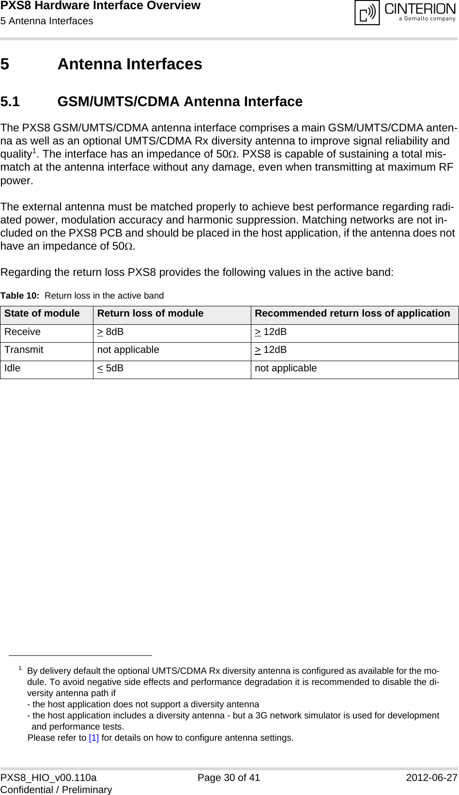 PXS8 Hardware Interface Overview5 Antenna Interfaces33PXS8_HIO_v00.110a Page 30 of 41 2012-06-27Confidential / Preliminary5 Antenna Interfaces5.1 GSM/UMTS/CDMA Antenna InterfaceThe PXS8 GSM/UMTS/CDMA antenna interface comprises a main GSM/UMTS/CDMA anten-na as well as an optional UMTS/CDMA Rx diversity antenna to improve signal reliability and quality1. The interface has an impedance of 50. PXS8 is capable of sustaining a total mis-match at the antenna interface without any damage, even when transmitting at maximum RF power.The external antenna must be matched properly to achieve best performance regarding radi-ated power, modulation accuracy and harmonic suppression. Matching networks are not in-cluded on the PXS8 PCB and should be placed in the host application, if the antenna does not have an impedance of 50.Regarding the return loss PXS8 provides the following values in the active band:1. By delivery default the optional UMTS/CDMA Rx diversity antenna is configured as available for the mo-dule. To avoid negative side effects and performance degradation it is recommended to disable the di-versity antenna path if - the host application does not support a diversity antenna- the host application includes a diversity antenna - but a 3G network simulator is used for developmentand performance tests.Please refer to [1] for details on how to configure antenna settings. Table 10:  Return loss in the active bandState of module Return loss of module Recommended return loss of applicationReceive > 8dB > 12dBTransmit not applicable  > 12dBIdle < 5dB not applicable