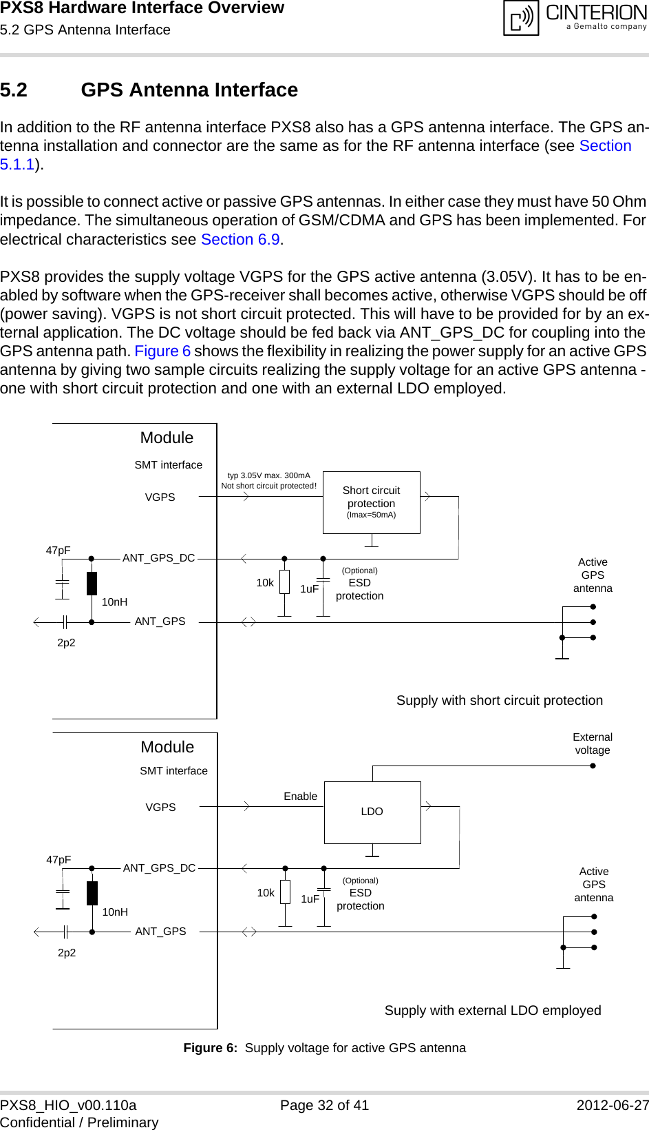 PXS8 Hardware Interface Overview5.2 GPS Antenna Interface33PXS8_HIO_v00.110a Page 32 of 41 2012-06-27Confidential / Preliminary5.2 GPS Antenna InterfaceIn addition to the RF antenna interface PXS8 also has a GPS antenna interface. The GPS an-tenna installation and connector are the same as for the RF antenna interface (see Section 5.1.1). It is possible to connect active or passive GPS antennas. In either case they must have 50 Ohm impedance. The simultaneous operation of GSM/CDMA and GPS has been implemented. For electrical characteristics see Section 6.9.PXS8 provides the supply voltage VGPS for the GPS active antenna (3.05V). It has to be en-abled by software when the GPS-receiver shall becomes active, otherwise VGPS should be off (power saving). VGPS is not short circuit protected. This will have to be provided for by an ex-ternal application. The DC voltage should be fed back via ANT_GPS_DC for coupling into the GPS antenna path. Figure 6 shows the flexibility in realizing the power supply for an active GPS antenna by giving two sample circuits realizing the supply voltage for an active GPS antenna - one with short circuit protection and one with an external LDO employed.Figure 6:  Supply voltage for active GPS antennaShort circuit protection(Imax=50mA)VGPSANT_GPSActive GPS antenna10nH47pF2p2ModuleSMT interfaceANT_GPS_DCtyp 3.05V max. 300mANot short circuit protected!1uF(Optional)ESDprotection10kSupply with short circuit protectionLDOVGPSANT_GPSActive GPS antenna10nH47pF2p2ModuleSMT interfaceANT_GPS_DC1uF(Optional)ESDprotection10kEnableExternal voltageSupply with external LDO employed