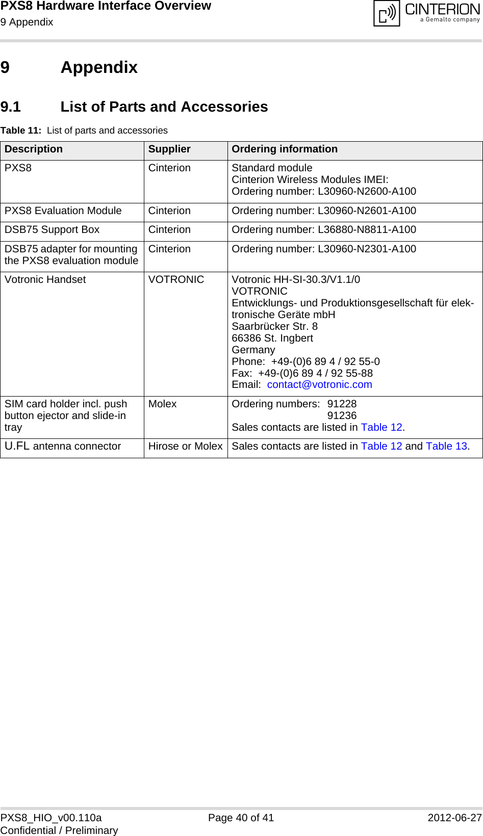 PXS8 Hardware Interface Overview9 Appendix41PXS8_HIO_v00.110a Page 40 of 41 2012-06-27Confidential / Preliminary9 Appendix9.1 List of Parts and AccessoriesTable 11:  List of parts and accessoriesDescription Supplier Ordering informationPXS8 Cinterion Standard module Cinterion Wireless Modules IMEI:Ordering number: L30960-N2600-A100PXS8 Evaluation Module Cinterion Ordering number: L30960-N2601-A100DSB75 Support Box Cinterion Ordering number: L36880-N8811-A100DSB75 adapter for mounting the PXS8 evaluation module Cinterion Ordering number: L30960-N2301-A100Votronic Handset VOTRONIC Votronic HH-SI-30.3/V1.1/0VOTRONIC Entwicklungs- und Produktionsgesellschaft f&uuml;r elek-tronische Ger&auml;te mbHSaarbr&uuml;cker Str. 866386 St. IngbertGermanyPhone:  +49-(0)6 89 4 / 92 55-0Fax:  +49-(0)6 89 4 / 92 55-88Email:  contact@votronic.comSIM card holder incl. push button ejector and slide-in trayMolex Ordering numbers:  91228 91236Sales contacts are listed in Table 12.U.FL antenna connector Hirose or Molex Sales contacts are listed in Table 12 and Table 13.