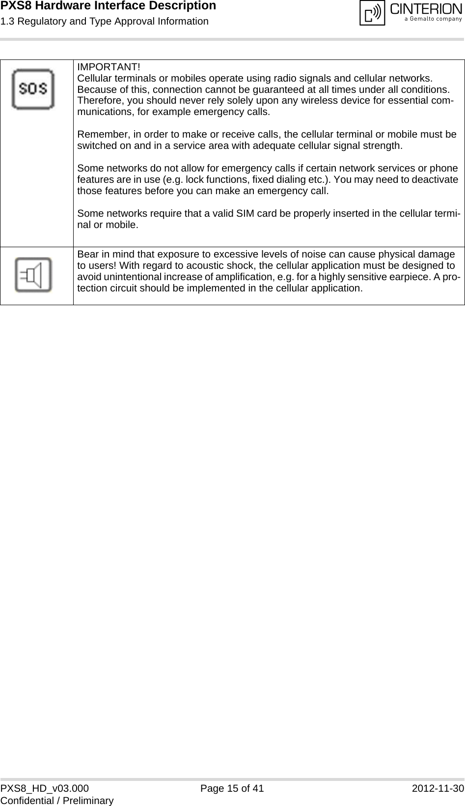 PXS8 Hardware Interface Description1.3 Regulatory and Type Approval Information15PXS8_HD_v03.000 Page 15 of 41 2012-11-30Confidential / PreliminaryIMPORTANT!Cellular terminals or mobiles operate using radio signals and cellular networks. Because of this, connection cannot be guaranteed at all times under all conditions. Therefore, you should never rely solely upon any wireless device for essential com-munications, for example emergency calls. Remember, in order to make or receive calls, the cellular terminal or mobile must be switched on and in a service area with adequate cellular signal strength.Some networks do not allow for emergency calls if certain network services or phone features are in use (e.g. lock functions, fixed dialing etc.). You may need to deactivate those features before you can make an emergency call.Some networks require that a valid SIM card be properly inserted in the cellular termi-nal or mobile.Bear in mind that exposure to excessive levels of noise can cause physical damage to users! With regard to acoustic shock, the cellular application must be designed to avoid unintentional increase of amplification, e.g. for a highly sensitive earpiece. A pro-tection circuit should be implemented in the cellular application.