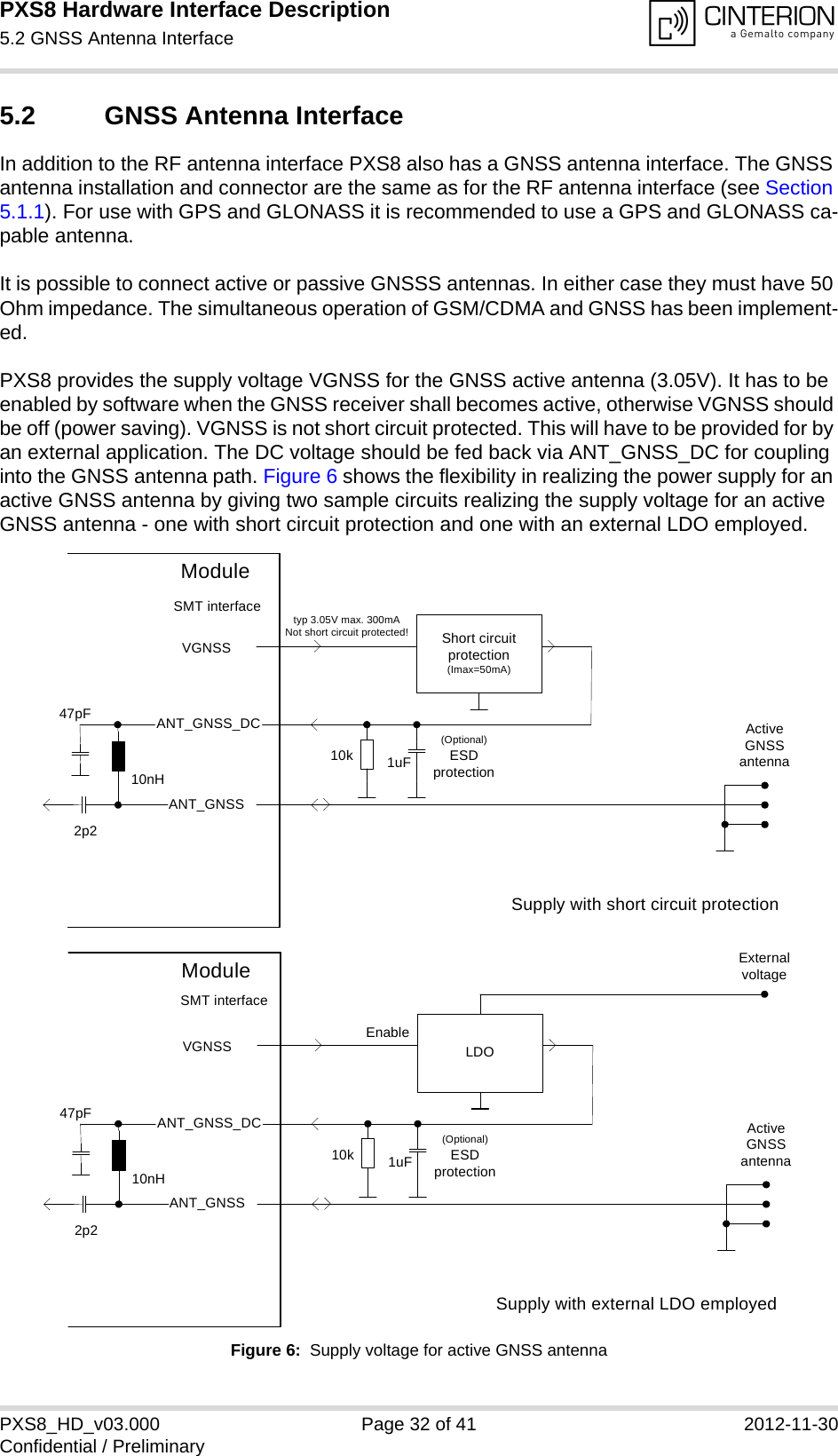 PXS8 Hardware Interface Description5.2 GNSS Antenna Interface33PXS8_HD_v03.000 Page 32 of 41 2012-11-30Confidential / Preliminary5.2 GNSS Antenna InterfaceIn addition to the RF antenna interface PXS8 also has a GNSS antenna interface. The GNSS antenna installation and connector are the same as for the RF antenna interface (see Section 5.1.1). For use with GPS and GLONASS it is recommended to use a GPS and GLONASS ca-pable antenna.It is possible to connect active or passive GNSSS antennas. In either case they must have 50 Ohm impedance. The simultaneous operation of GSM/CDMA and GNSS has been implement-ed. PXS8 provides the supply voltage VGNSS for the GNSS active antenna (3.05V). It has to be enabled by software when the GNSS receiver shall becomes active, otherwise VGNSS should be off (power saving). VGNSS is not short circuit protected. This will have to be provided for by an external application. The DC voltage should be fed back via ANT_GNSS_DC for coupling into the GNSS antenna path. Figure 6 shows the flexibility in realizing the power supply for an active GNSS antenna by giving two sample circuits realizing the supply voltage for an active GNSS antenna - one with short circuit protection and one with an external LDO employed.Figure 6:  Supply voltage for active GNSS antennaShort circuit protection(Imax=50mA)VGNSSANT_GNSSActive GNSS antenna10nH47pF2p2ModuleSMT interfaceANT_GNSS_DCtyp 3.05V max. 300mANot short circuit protected!1uF(Optional)ESDprotection10kSupply with short circuit protectionLDOVGNSSANT_GNSSActive GNSS antenna10nH47pF2p2ModuleSMT interfaceANT_GNSS_DC1uF(Optional)ESDprotection10kEnableExternal voltageSupply with external LDO employed