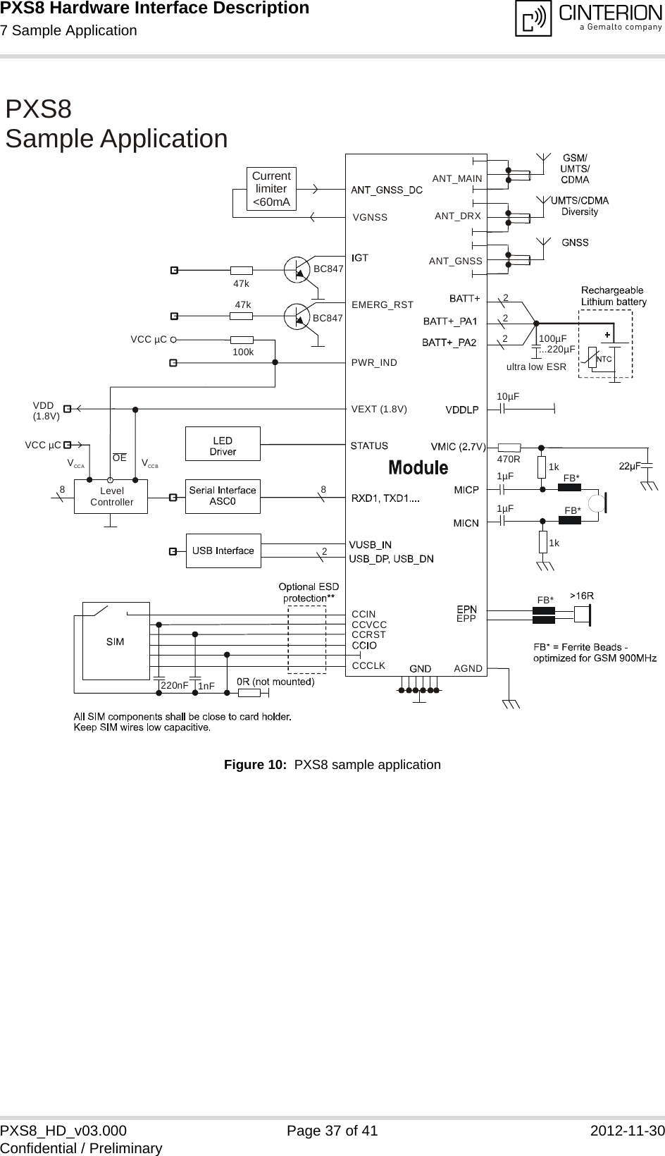 PXS8 Hardware Interface Description7 Sample Application37PXS8_HD_v03.000 Page 37 of 41 2012-11-30Confidential / PreliminaryFigure 10:  PXS8 sample application47k100kVCC &micro;C47kEMERG_RSTPWR_INDCCCLKCCRSTCCINCCVCC220nFAGNDEPP1k1kBC847BC8471nFPXS8  ApplicationSample2222470R8FB*FB*FB*LevelController8VEXT (1.8V)1&micro;F1&micro;FVCCBVCCAVCC &micro;CVDD(1.8V)100&micro;F...220&micro;Fultra low ESRANT_DRXANT_MAINANT_GNSSCurrentlimiter<60mAVGNSSOE10&micro;F