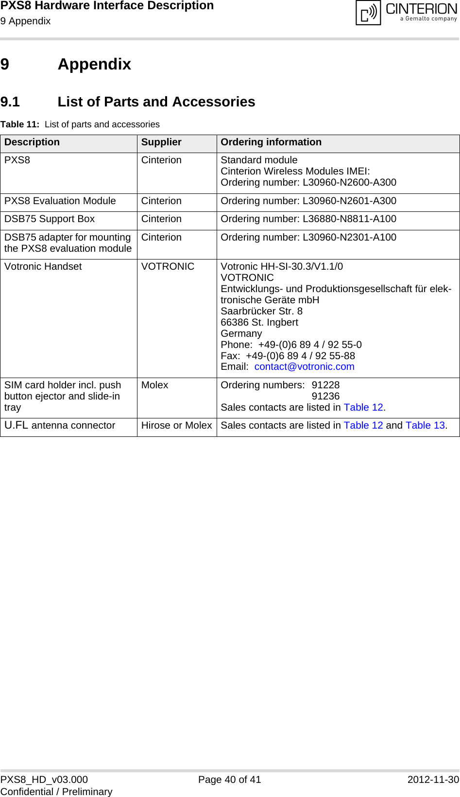 PXS8 Hardware Interface Description9 Appendix41PXS8_HD_v03.000 Page 40 of 41 2012-11-30Confidential / Preliminary9 Appendix9.1 List of Parts and AccessoriesTable 11:  List of parts and accessoriesDescription Supplier Ordering informationPXS8 Cinterion Standard module Cinterion Wireless Modules IMEI:Ordering number: L30960-N2600-A300PXS8 Evaluation Module Cinterion Ordering number: L30960-N2601-A300DSB75 Support Box Cinterion Ordering number: L36880-N8811-A100DSB75 adapter for mounting the PXS8 evaluation module Cinterion Ordering number: L30960-N2301-A100Votronic Handset VOTRONIC Votronic HH-SI-30.3/V1.1/0VOTRONIC Entwicklungs- und Produktionsgesellschaft f&uuml;r elek-tronische Ger&auml;te mbHSaarbr&uuml;cker Str. 866386 St. IngbertGermanyPhone:  +49-(0)6 89 4 / 92 55-0Fax:  +49-(0)6 89 4 / 92 55-88Email:  contact@votronic.comSIM card holder incl. push button ejector and slide-in trayMolex Ordering numbers:  91228 91236Sales contacts are listed in Table 12.U.FL antenna connector Hirose or Molex Sales contacts are listed in Table 12 and Table 13.