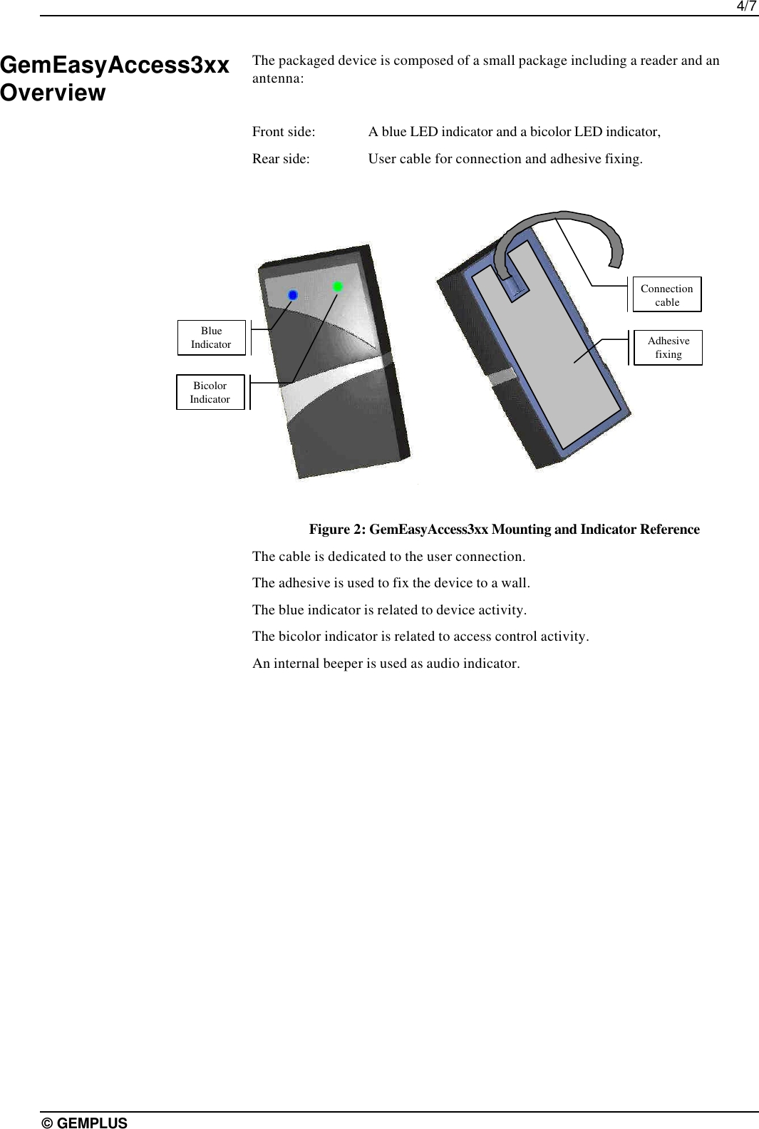 4/7© GEMPLUSThe packaged device is composed of a small package including a reader and anantenna:Front side:  A blue LED indicator and a bicolor LED indicator,Rear side:  User cable for connection and adhesive fixing.Figure 2: GemEasyAccess3xx Mounting and Indicator ReferenceThe cable is dedicated to the user connection.The adhesive is used to fix the device to a wall.The blue indicator is related to device activity.The bicolor indicator is related to access control activity.An internal beeper is used as audio indicator.GemEasyAccess3xxOverviewBlueIndicatorBicolorIndicatorConnectioncableAdhesivefixing