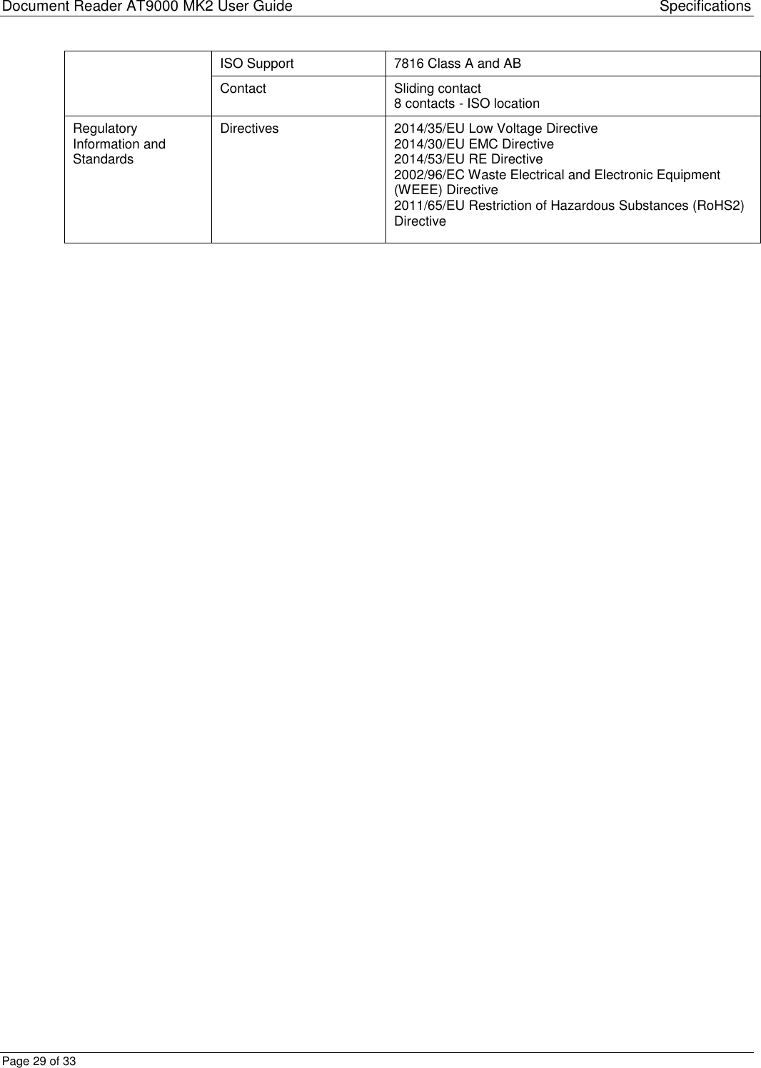 Document Reader AT9000 MK2 User Guide Specifications Page 29 of 33 ISO Support  7816 Class A and AB Contact Sliding contact 8 contacts - ISO location Regulatory Information and Standards Directives 2014/35/EU Low Voltage Directive 2014/30/EU EMC Directive 2014/53/EU RE Directive 2002/96/EC Waste Electrical and Electronic Equipment (WEEE) Directive 2011/65/EU Restriction of Hazardous Substances (RoHS2) Directive  