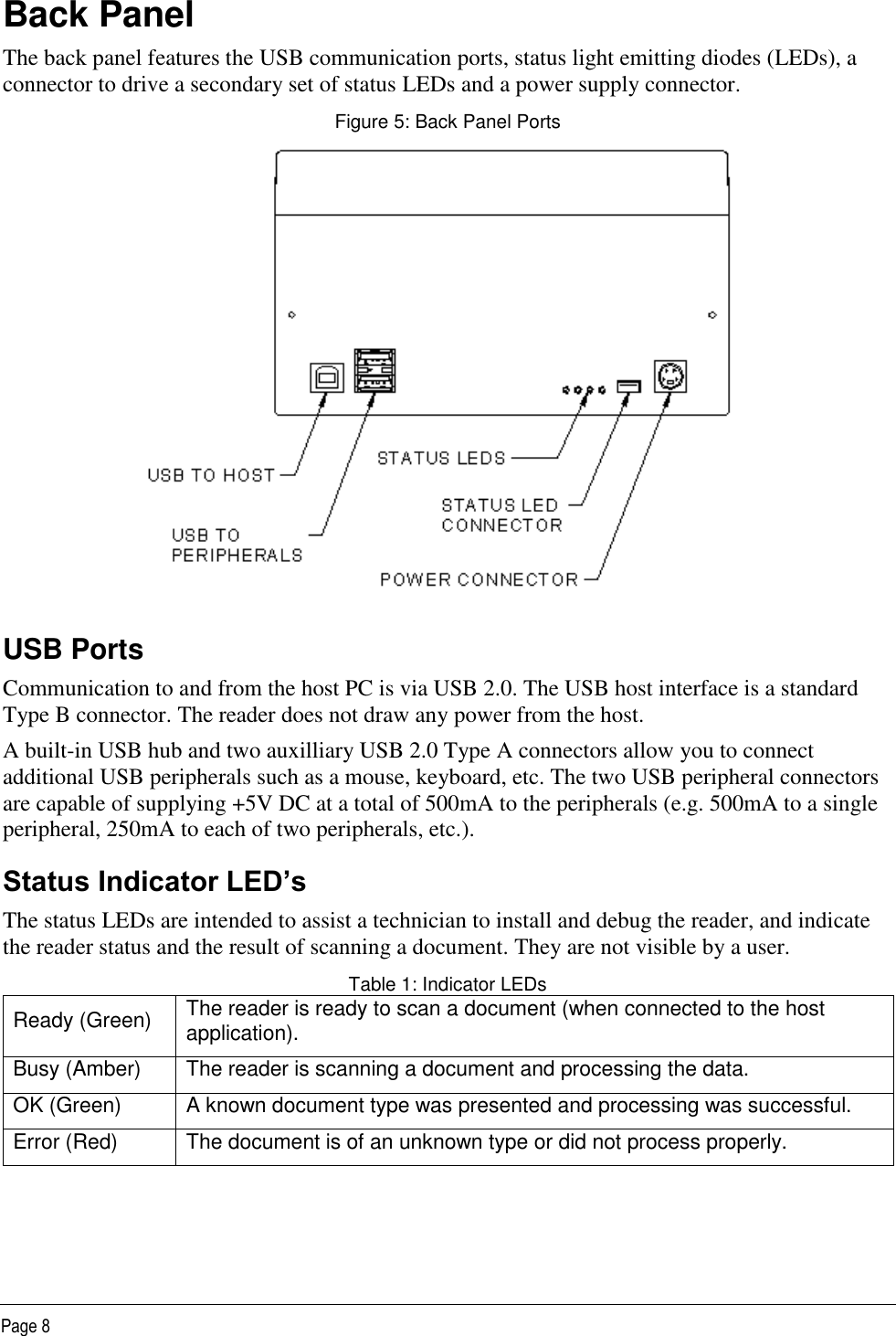   Page 8 Back Panel The back panel features the USB communication ports, status light emitting diodes (LEDs), a connector to drive a secondary set of status LEDs and a power supply connector. Figure 5: Back Panel Ports  USB Ports Communication to and from the host PC is via USB 2.0. The USB host interface is a standard Type B connector. The reader does not draw any power from the host. A built-in USB hub and two auxilliary USB 2.0 Type A connectors allow you to connect additional USB peripherals such as a mouse, keyboard, etc. The two USB peripheral connectors are capable of supplying +5V DC at a total of 500mA to the peripherals (e.g. 500mA to a single peripheral, 250mA to each of two peripherals, etc.). Status Indicator LED’s The status LEDs are intended to assist a technician to install and debug the reader, and indicate the reader status and the result of scanning a document. They are not visible by a user. Table 1: Indicator LEDs Ready (Green)  The reader is ready to scan a document (when connected to the host application). Busy (Amber)  The reader is scanning a document and processing the data. OK (Green)  A known document type was presented and processing was successful. Error (Red)  The document is of an unknown type or did not process properly.   