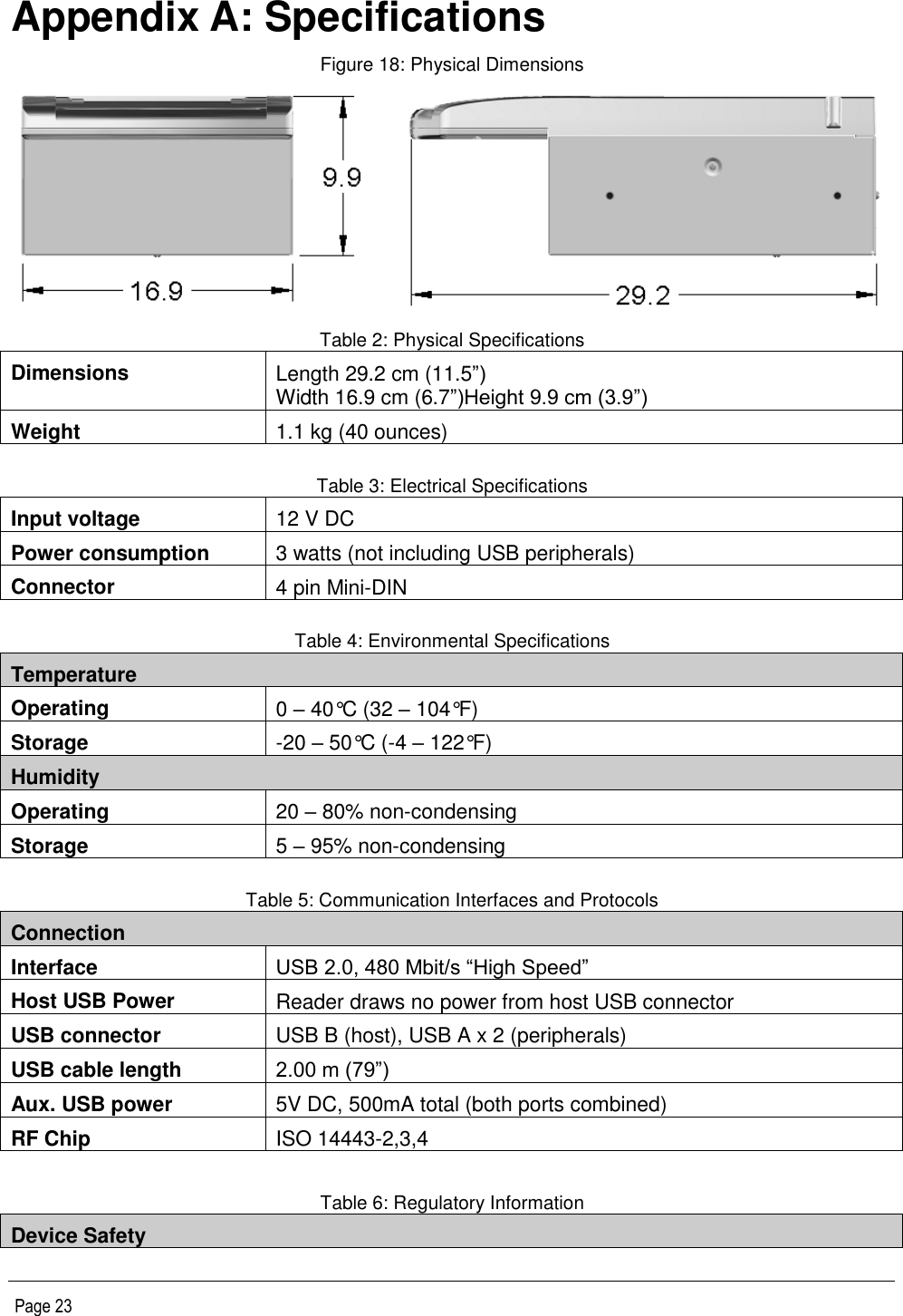   Page 23 Appendix A: Specifications Figure 18: Physical Dimensions  Table 2: Physical Specifications Dimensions Length 29.2 cm (11.5”) Width 16.9 cm (6.7”)Height 9.9 cm (3.9”) Weight 1.1 kg (40 ounces)  Table 3: Electrical Specifications Input voltage 12 V DC Power consumption 3 watts (not including USB peripherals) Connector 4 pin Mini-DIN  Table 4: Environmental Specifications Temperature Operating 0 – 40°C (32 – 104°F) Storage -20 – 50°C (-4 – 122°F) Humidity Operating 20 – 80% non-condensing Storage 5 – 95% non-condensing  Table 5: Communication Interfaces and Protocols Connection Interface USB 2.0, 480 Mbit/s “High Speed” Host USB Power Reader draws no power from host USB connector USB connector USB B (host), USB A x 2 (peripherals) USB cable length 2.00 m (79”) Aux. USB power 5V DC, 500mA total (both ports combined) RF Chip ISO 14443-2,3,4  Table 6: Regulatory Information Device Safety 