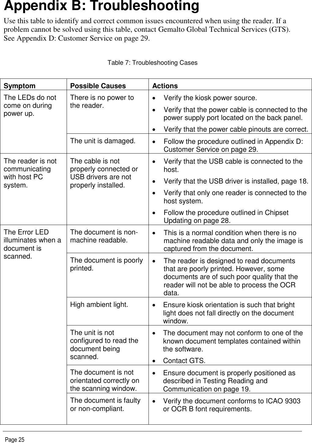   Page 25 Appendix B: Troubleshooting Use this table to identify and correct common issues encountered when using the reader. If a problem cannot be solved using this table, contact Gemalto Global Technical Services (GTS). See Appendix D: Customer Service on page 29.  Table 7: Troubleshooting Cases  Symptom Possible Causes Actions The LEDs do not come on during power up. There is no power to the reader.   Verify the kiosk power source.   Verify that the power cable is connected to the power supply port located on the back panel.   Verify that the power cable pinouts are correct. The unit is damaged.   Follow the procedure outlined in Appendix D: Customer Service on page 29. The reader is not communicating with host PC system. The cable is not properly connected or USB drivers are not properly installed.   Verify that the USB cable is connected to the host.   Verify that the USB driver is installed, page 18.   Verify that only one reader is connected to the host system.   Follow the procedure outlined in Chipset Updating on page 28. The Error LED illuminates when a document is scanned. The document is non-machine readable.   This is a normal condition when there is no machine readable data and only the image is captured from the document. The document is poorly printed.    The reader is designed to read documents that are poorly printed. However, some documents are of such poor quality that the reader will not be able to process the OCR data. High ambient light.   Ensure kiosk orientation is such that bright light does not fall directly on the document window. The unit is not configured to read the document being scanned.   The document may not conform to one of the known document templates contained within the software.   Contact GTS. The document is not orientated correctly on the scanning window.   Ensure document is properly positioned as described in Testing Reading and Communication on page 19. The document is faulty or non-compliant.   Verify the document conforms to ICAO 9303 or OCR B font requirements.  