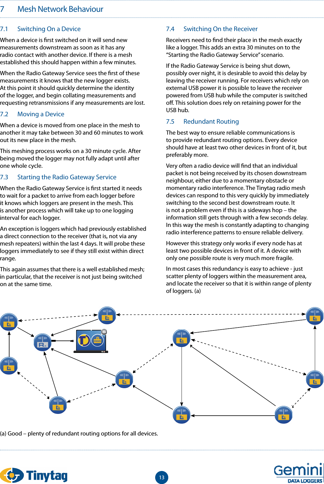 137   Mesh Network Behaviour7.1  Switching On a DeviceWhen a device is  rst switched on it will send new measurements downstream as soon as it has any radio contact with another device. If there is a mesh established this should happen within a few minutes.When the Radio Gateway Service sees the  rst of these measurements it knows that the new logger exists. At this point it should quickly determine the identity of the logger, and begin collating measurements and requesting retransmissions if any measurements are lost.7.2  Moving a DeviceWhen a device is moved from one place in the mesh to another it may take between 30 and 60 minutes to work out its new place in the mesh.This meshing process works on a 30 minute cycle. After being moved the logger may not fully adapt until after one whole cycle.7.3  Starting the Radio Gateway ServiceWhen the Radio Gateway Service is  rst started it needs to wait for a packet to arrive from each logger before it knows which loggers are present in the mesh. This is another process which will take up to one logging interval for each logger.An exception is loggers which had previously established a direct connection to the receiver (that is, not via any mesh repeaters) within the last 4 days. It will probe these loggers immediately to see if they still exist within direct range.This again assumes that there is a well established mesh; in particular, that the receiver is not just being switched on at the same time.7.4  Switching On the ReceiverReceivers need to  nd their place in the mesh exactly like a logger. This adds an extra 30 minutes on to the &ldquo;Starting the Radio Gateway Service&rdquo; scenario.If the Radio Gateway Service is being shut down, possibly over night, it is desirable to avoid this delay by leaving the receiver running. For receivers which rely on external USB power it is possible to leave the receiver powered from USB hub while the computer is switched o . This solution does rely on retaining power for the USB hub.7.5  Redundant RoutingThe best way to ensure reliable communications is to provide redundant routing options. Every device should have at least two other devices in front of it, but preferably more.Very often a radio device will  nd that an individual packet is not being received by its chosen downstream neighbour, either due to a momentary obstacle or momentary radio interference. The Tinytag radio mesh devices can respond to this very quickly by immediately switching to the second best downstream route. It is not a problem even if this is a sideways hop &ndash; the information still gets through with a few seconds delay. In this way the mesh is constantly adapting to changing radio interference patterns to ensure reliable delivery.However this strategy only works if every node has at least two possible devices in front of it. A device with only one possible route is very much more fragile.In most cases this redundancy is easy to achieve - just scatter plenty of loggers within the measurement area, and locate the receiver so that it is within range of plenty of loggers. (a)(a) Good &ndash; plenty of redundant routing options for all devices.