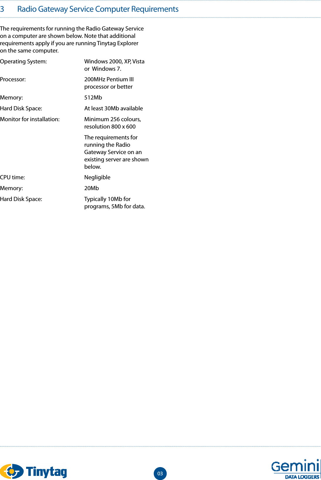3   Radio Gateway Service Computer Requirements03The requirements for running the Radio Gateway Service on a computer are shown below. Note that additional requirements apply if you are running Tinytag Explorer on the same computer.Operating System:  Windows 2000, XP, Vista      or  Windows 7. Processor:  200MHz Pentium III      processor or betterMemory:  512MbHard Disk Space:  At least 30Mb availableMonitor for installation:  Minimum 256 colours,      resolution 800 x 600  The requirements for      running the Radio     Gateway Service on an      existing server are shown    below. CPU time:  Negligible Memory:  20Mb Hard Disk Space:  Typically 10Mb for      programs, 5Mb for data.  