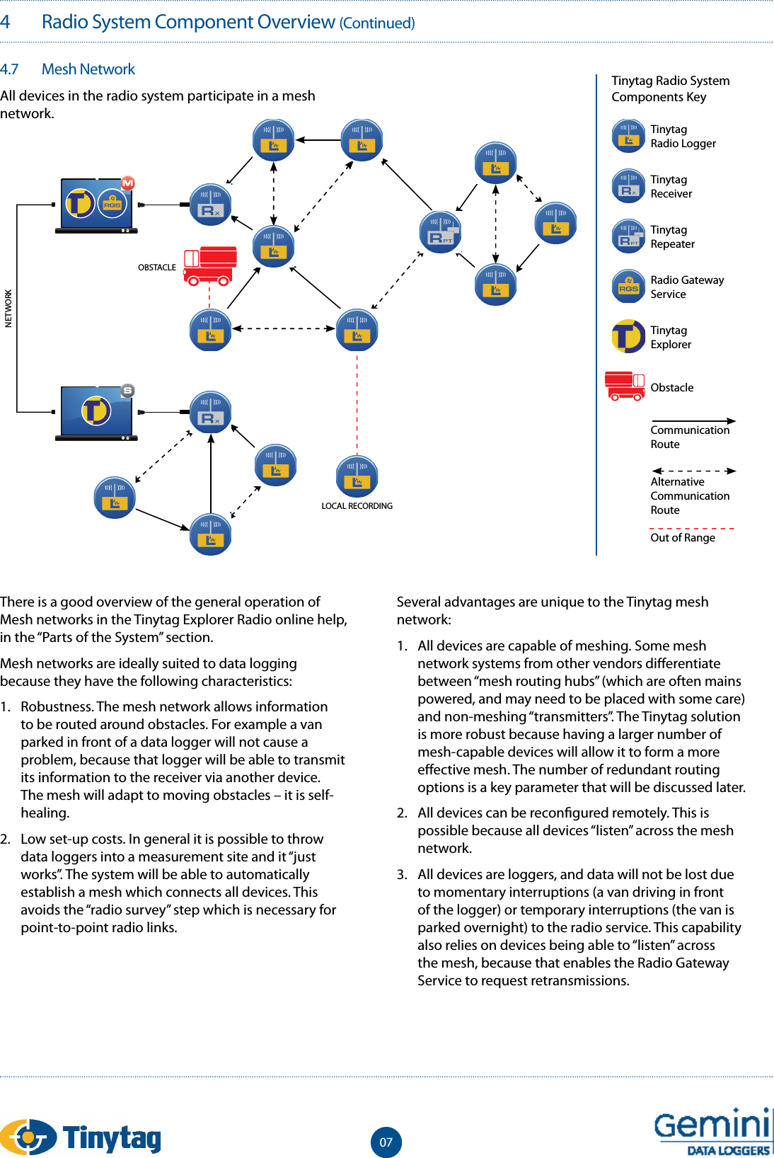 4   Radio System Component Overview (Continued)074.7   Mesh Network All devices in the radio system participate in a mesh network.Tinytag Radio System Components KeyThere is a good overview of the general operation of Mesh networks in the Tinytag Explorer Radio online help, in the &ldquo;Parts of the System&rdquo; section.Mesh networks are ideally suited to data logging because they have the following characteristics:1.  Robustness. The mesh network allows information to be routed around obstacles. For example a van parked in front of a data logger will not cause a problem, because that logger will be able to transmit its information to the receiver via another device. The mesh will adapt to moving obstacles &ndash; it is self-healing.2.  Low set-up costs. In general it is possible to throw data loggers into a measurement site and it &ldquo;just works&rdquo;. The system will be able to automatically establish a mesh which connects all devices. This avoids the &ldquo;radio survey&rdquo; step which is necessary for point-to-point radio links.Several advantages are unique to the Tinytag mesh network:1.  All devices are capable of meshing. Some mesh network systems from other vendors di erentiate between &ldquo;mesh routing hubs&rdquo; (which are often mains powered, and may need to be placed with some care) and non-meshing &ldquo;transmitters&rdquo;. The Tinytag solution is more robust because having a larger number of mesh-capable devices will allow it to form a more e ective mesh. The number of redundant routing options is a key parameter that will be discussed later.2.  All devices can be recon gured remotely. This is possible because all devices &ldquo;listen&rdquo; across the mesh network.3.  All devices are loggers, and data will not be lost due to momentary interruptions (a van driving in front of the logger) or temporary interruptions (the van is parked overnight) to the radio service. This capability also relies on devices being able to &ldquo;listen&rdquo; across the mesh, because that enables the Radio Gateway Service to request retransmissions.LOCAL RECORDINGNETWORKOBSTACLETinytagRadio LoggerTinytagReceiverTinytagRepeaterRadio Gateway ServiceTinytagExplorerObstacleCommunication RouteAlternativeCommunication RouteOut of Range 