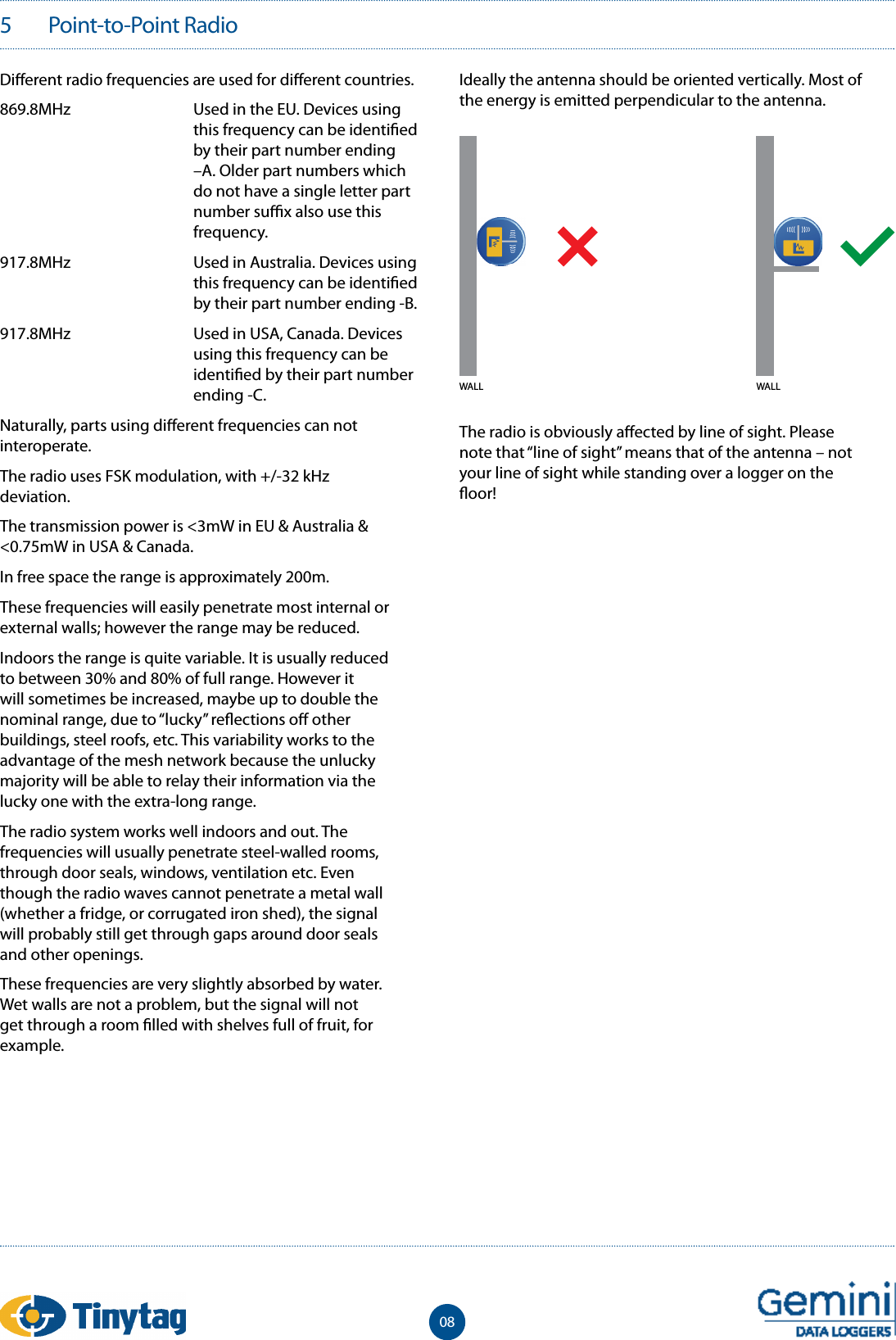 5   Point-to-Point Radio08Di erent radio frequencies are used for di erent countries.869.8MHz  Used in the EU. Devices using this frequency can be identi ed by their part number ending &ndash;A. Older part numbers which do not have a single letter part number su  x also use this frequency.917.8MHz  Used in Australia. Devices using this frequency can be identi ed by their part number ending -B.917.8MHz  Used in USA, Canada. Devices using this frequency can be identi ed by their part number ending -C.Naturally, parts using di erent frequencies can not interoperate.The radio uses FSK modulation, with +/-32 kHz deviation.The transmission power is <3mW in EU &amp; Australia &amp; <0.75mW in USA &amp; Canada.In free space the range is approximately 200m.These frequencies will easily penetrate most internal or external walls; however the range may be reduced.Indoors the range is quite variable. It is usually reduced to between 30% and 80% of full range. However it will sometimes be increased, maybe up to double the nominal range, due to &ldquo;lucky&rdquo; re ections o  other buildings, steel roofs, etc. This variability works to the advantage of the mesh network because the unlucky majority will be able to relay their information via the lucky one with the extra-long range.The radio system works well indoors and out. The frequencies will usually penetrate steel-walled rooms, through door seals, windows, ventilation etc. Even though the radio waves cannot penetrate a metal wall (whether a fridge, or corrugated iron shed), the signal will probably still get through gaps around door seals and other openings.These frequencies are very slightly absorbed by water. Wet walls are not a problem, but the signal will not get through a room  lled with shelves full of fruit, for example.Ideally the antenna should be oriented vertically. Most of the energy is emitted perpendicular to the antenna.The radio is obviously a ected by line of sight. Please note that &ldquo;line of sight&rdquo; means that of the antenna &ndash; not your line of sight while standing over a logger on the  oor! WALL WALL