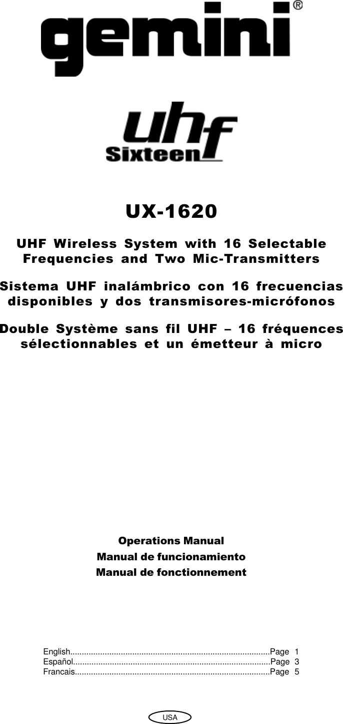 Gemini Industries Two Ux 1620 Users Manual Ux1620USACov