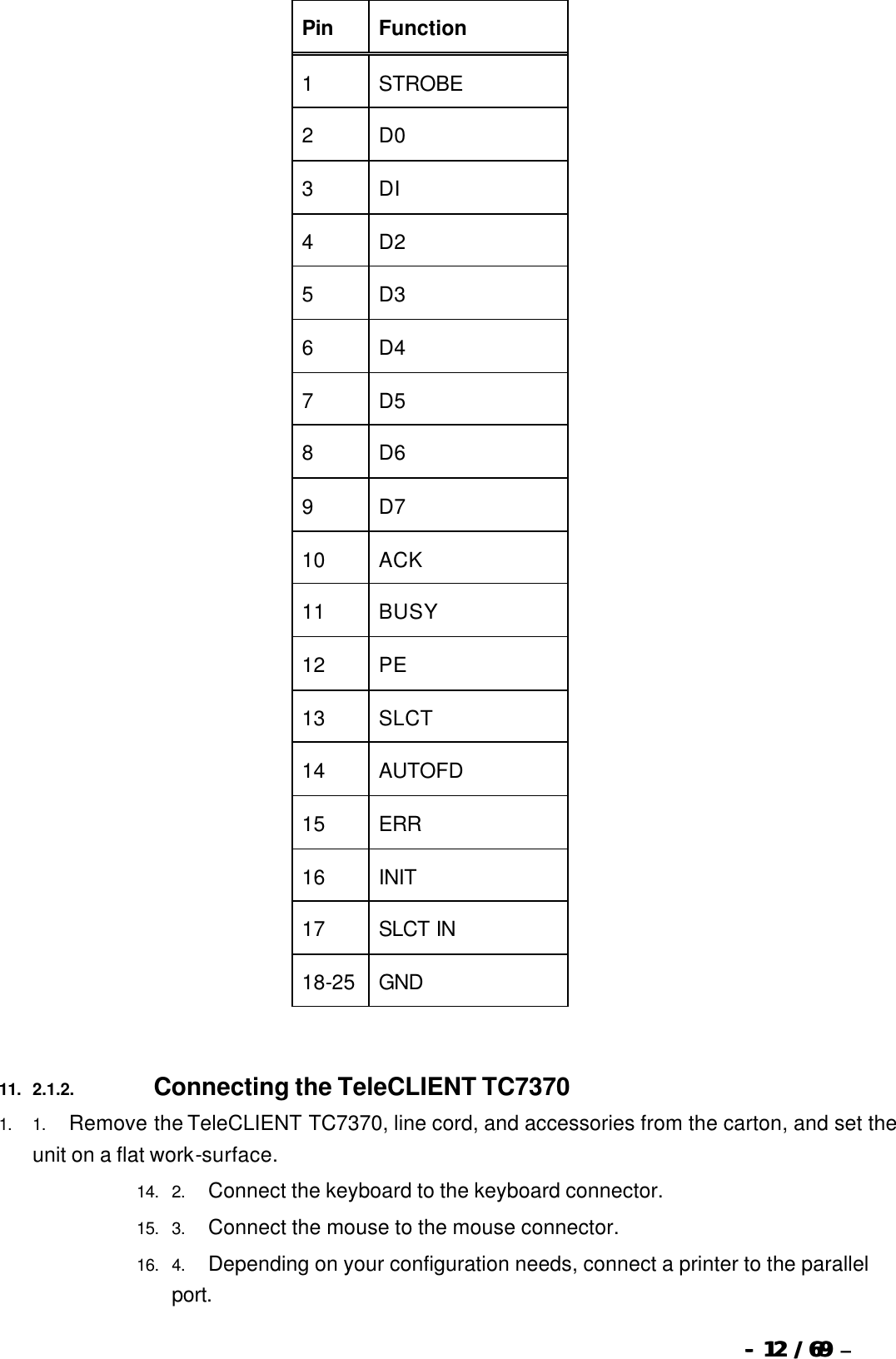  --  1212 / 69  / 69 –  Pin Function 1 STROBE 2 D0 3 DI 4 D2 5 D3 6 D4 7 D5 8 D6 9 D7 10 ACK 11 BUSY 12 PE 13 SLCT 14 AUTOFD 15 ERR 16 INIT 17 SLCT IN 18-25 GND   11. 2.1.2.                          Connecting the TeleCLIENT TC7370 1. 1.       Remove the TeleCLIENT TC7370, line cord, and accessories from the carton, and set the unit on a flat work-surface. 14. 2.       Connect the keyboard to the keyboard connector. 15. 3.       Connect the mouse to the mouse connector. 16. 4.       Depending on your configuration needs, connect a printer to the parallel port.   