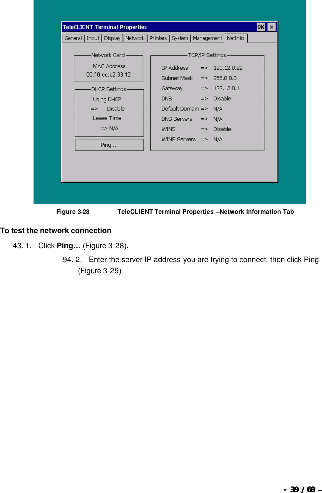  --  3939 / 69  / 69 –    Figure 3-28                          TeleCLIENT Terminal Properties –Network Information Tab To test the network connection 43. 1.      Click Ping… (Figure 3-28). 94. 2.      Enter the server IP address you are trying to connect, then click Ping (Figure 3-29) 