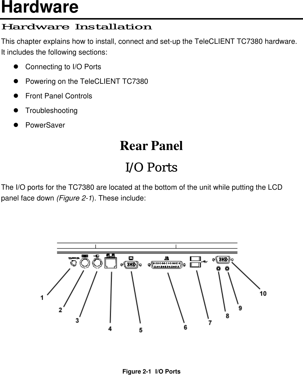 Hardware Hardware Installation This chapter explains how to install, connect and set-up the TeleCLIENT TC7380 hardware.   It includes the following sections:  Connecting to I/O Ports  Powering on the TeleCLIENT TC7380  Front Panel Controls  Troubleshooting  PowerSaver Rear Panel I/O Ports The I/O ports for the TC7380 are located at the bottom of the unit while putting the LCD panel face down (Figure 2-1). These include:  Figure 2-1  I/O Ports 