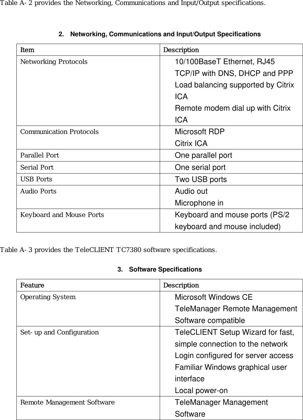 Table A-2 provides the Networking, Communications and Input/Output specifications.  2.  Networking, Communications and Input/Output Specifications Item Description Networking Protocols  10/100BaseT Ethernet, RJ45 TCP/IP with DNS, DHCP and PPP Load balancing supported by Citrix ICA Remote modem dial up with Citrix ICA Communication Protocols  Microsoft RDP Citrix ICA Parallel Port  One parallel port Serial Port  One serial port USB Ports  Two USB ports Audio Ports  Audio out Microphone in Keyboard and Mouse Ports  Keyboard and mouse ports (PS/2 keyboard and mouse included)  Table A-3 provides the TeleCLIENT TC7380 software specifications. 3. Software Specifications Feature Description Operating System  Microsoft Windows CE TeleManager Remote Management Software compatible Set-up and Configuration  TeleCLIENT Setup Wizard for fast, simple connection to the network   Login configured for server access Familiar Windows graphical user interface Local power-on Remote Management Software  TeleManager Management Software 