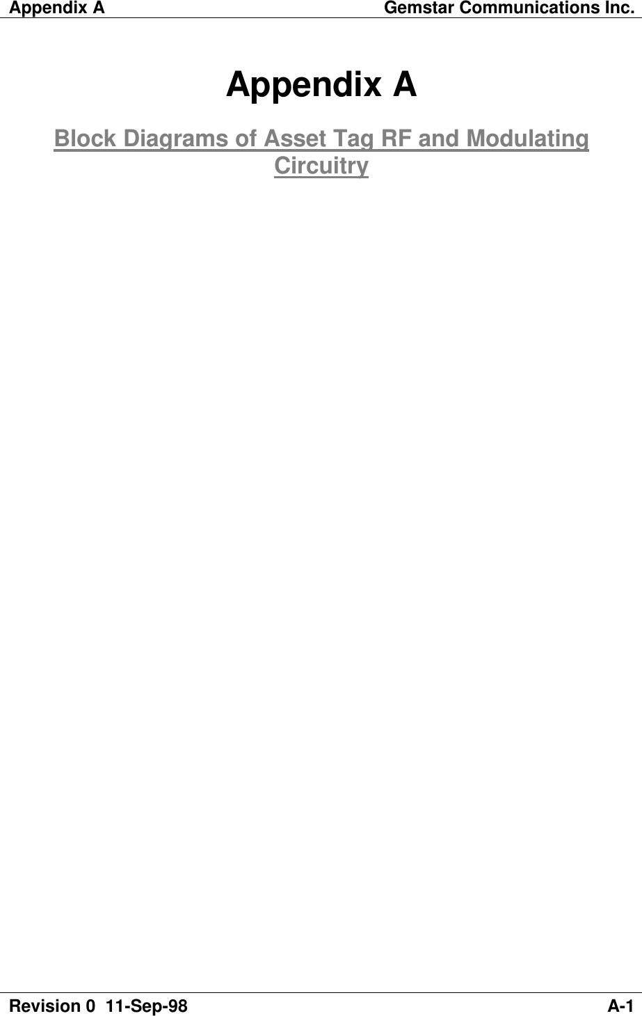 Appendix A Gemstar Communications Inc.Revision 0  11-Sep-98 A-1Appendix ABlock Diagrams of Asset Tag RF and ModulatingCircuitry