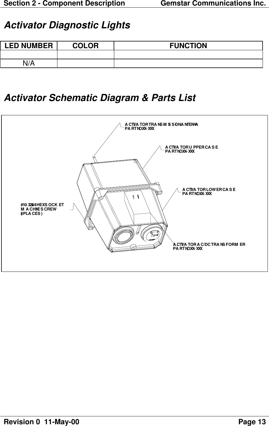 Section 2 - Component Description Gemstar Communications Inc.Revision 0  11-May-00 Page 13Activator Diagnostic LightsLED NUMBER COLOR FUNCTIONN/AActivator Schematic Diagram &amp; Parts ListACTIVATOR UPPER CASEPART NO. XX-XXXACTIVATOR LOWER CASEPART NO. XX-XXXACTIVATOR TRANSMISSION ANTENNAPART NO. XX-XXX#10-32x3/4 HEX SOCKETMACHINE SCREW(4 PLACES)ACTIVATOR AC/DC TRANSFORMERPART NO. XX-XXX