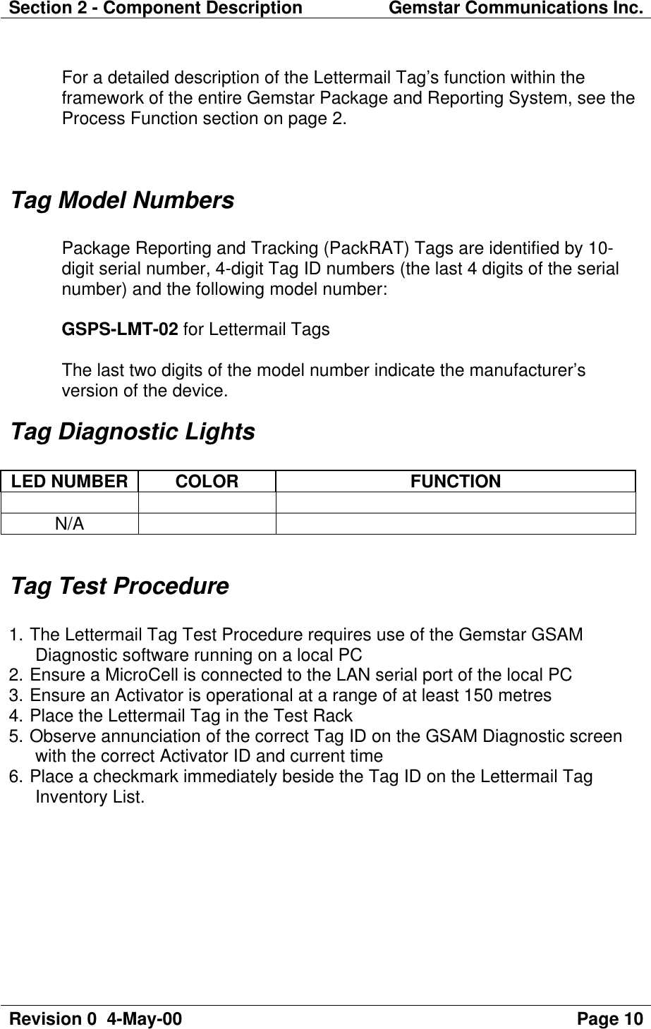 Section 2 - Component Description Gemstar Communications Inc.Revision 0  4-May-00 Page 10For a detailed description of the Lettermail Tag’s function within theframework of the entire Gemstar Package and Reporting System, see theProcess Function section on page 2.Tag Model NumbersPackage Reporting and Tracking (PackRAT) Tags are identified by 10-digit serial number, 4-digit Tag ID numbers (the last 4 digits of the serialnumber) and the following model number:GSPS-LMT-02 for Lettermail TagsThe last two digits of the model number indicate the manufacturer’sversion of the device.Tag Diagnostic LightsLED NUMBER COLOR FUNCTIONN/ATag Test Procedure1. The Lettermail Tag Test Procedure requires use of the Gemstar GSAMDiagnostic software running on a local PC2. Ensure a MicroCell is connected to the LAN serial port of the local PC3. Ensure an Activator is operational at a range of at least 150 metres4. Place the Lettermail Tag in the Test Rack5. Observe annunciation of the correct Tag ID on the GSAM Diagnostic screenwith the correct Activator ID and current time6. Place a checkmark immediately beside the Tag ID on the Lettermail TagInventory List.