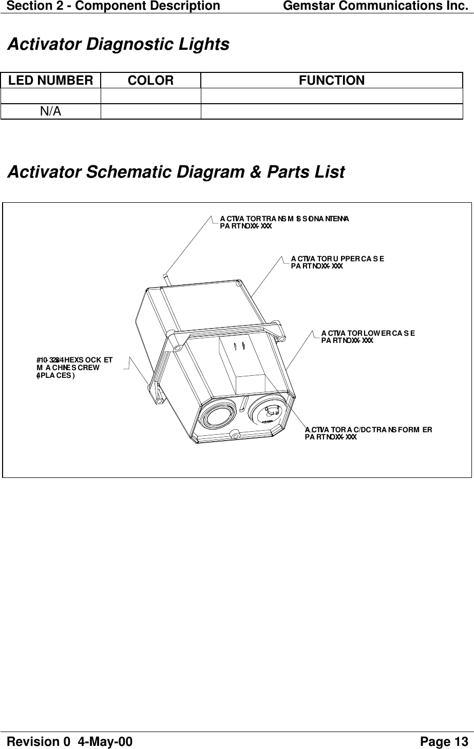 Section 2 - Component Description Gemstar Communications Inc.Revision 0  4-May-00 Page 13Activator Diagnostic LightsLED NUMBER COLOR FUNCTIONN/AActivator Schematic Diagram &amp; Parts ListACTIVATOR UPPER CASEPART NO. XX-XXXACTIVATOR LOWER CASEPART NO. XX-XXXACTIVATOR TRANSMISSION ANTENNAPART NO. XX-XXX#10-32x3/4 HEX SOCKETMACHINE SCREW(4 PLACES)ACTIVATOR AC/DC TRANSFORMERPART NO. XX-XXX