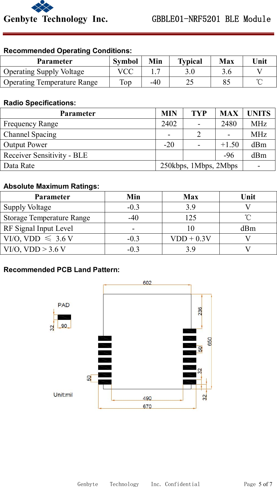                                             Genbyte  Technology  Inc.         GBBLE01-NRF5201 BLE Module                                                             Genbyte    Technology    Inc. Confidential               Page 5 of 7  Recommended Operating Conditions: Parameter  Symbol  Min  Typical  Max  Unit Operating Supply Voltage  VCC  1.7  3.0  3.6  V Operating Temperature Range  Top  -40  25  85  ℃  Radio Specifications: Parameter MIN TYP MAX UNITS Frequency Range  2402  -  2480  MHz Channel Spacing  -  2  -  MHz Output Power  -20  -  +1.50  dBm Receiver Sensitivity - BLE      -96  dBm Data Rate  250kbps, 1Mbps, 2Mbps  -  Absolute Maximum Ratings: Parameter  Min  Max  Unit Supply Voltage  -0.3  3.9  V Storage Temperature Range  -40  125  ℃ RF Signal Input Level  -  10  dBm VI/O, VDD  &le;  3.6 V  -0.3  VDD + 0.3V  V VI/O, VDD > 3.6 V  -0.3  3.9  V  Recommended PCB Land Pattern:  