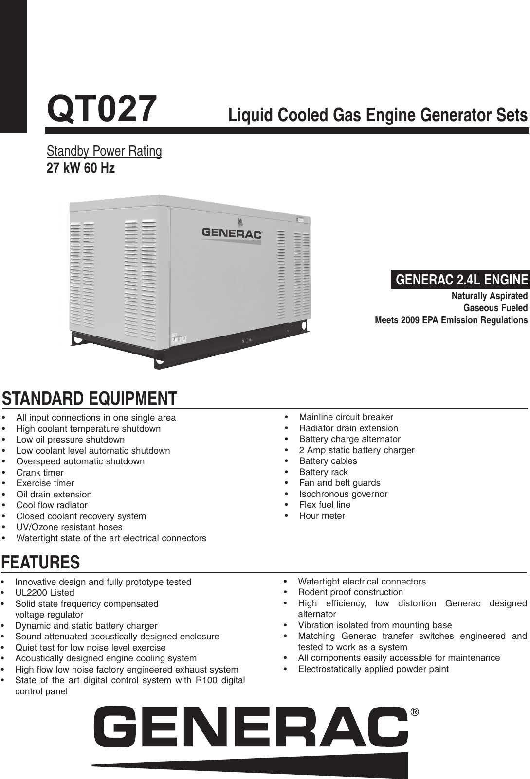 Page 1 of 4 - Generac-Power-Systems Generac-Power-Systems-Generac-Liquid-Cooled-Gas-Engine-Generator-Sets-Qt027-Users-Manual-  Generac-power-systems-generac-liquid-cooled-gas-engine-generator-sets-qt027-users-manual