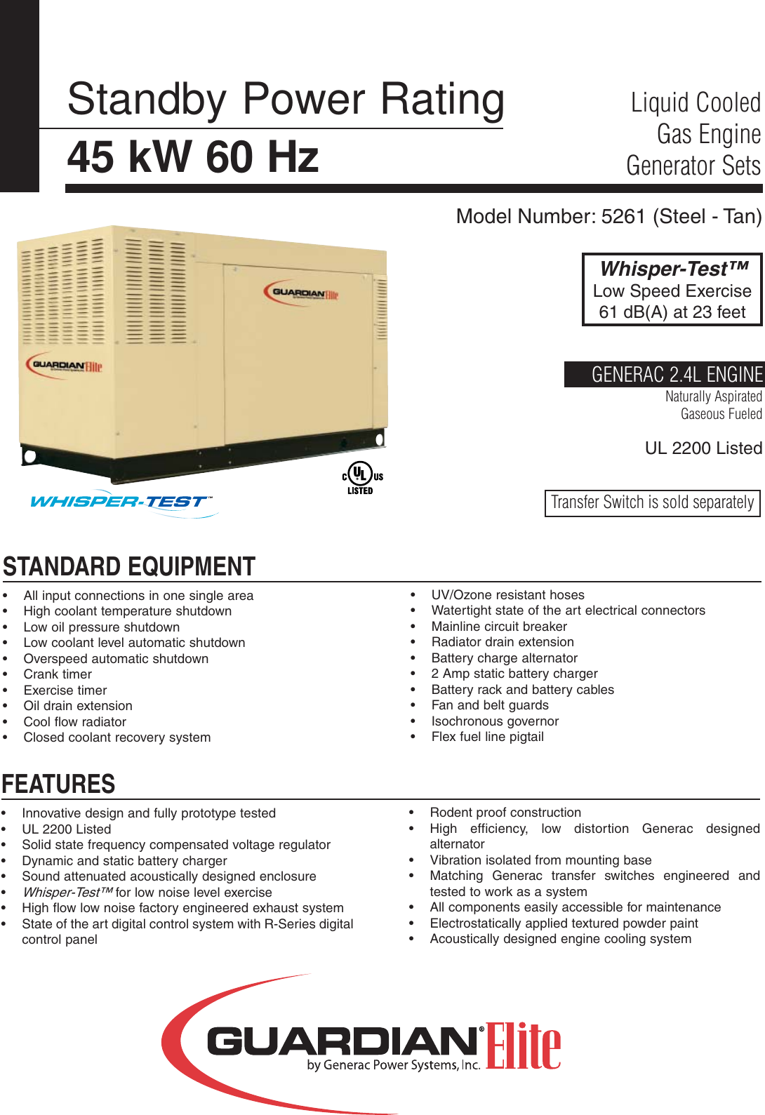 Page 1 of 4 - Generac-Power-Systems Generac-Power-Systems-Whisper--5261-Users-Manual- 0174540SBY GuardEliteHSB 45 KWLC Generac-power-systems-whisper--5261-users-manual
