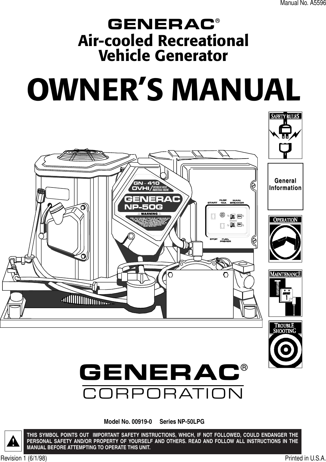 Generac 00919 0 Owners Manual A5596 1